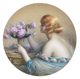 Delphin Enjolras (French, 1857-1945) Jeune femme arrangeant les roses tondo (diameter 62.3cm, 24...: Delphin Enjolras (French, 1857-1945) Jeune femme arrangeant les roses signed 'DEnjolras' (lower right) pastel tondo (diameter 62.3cm, 24 1/2in).  Footnotes: Provenance Anon. sale, Bonhams, Lon