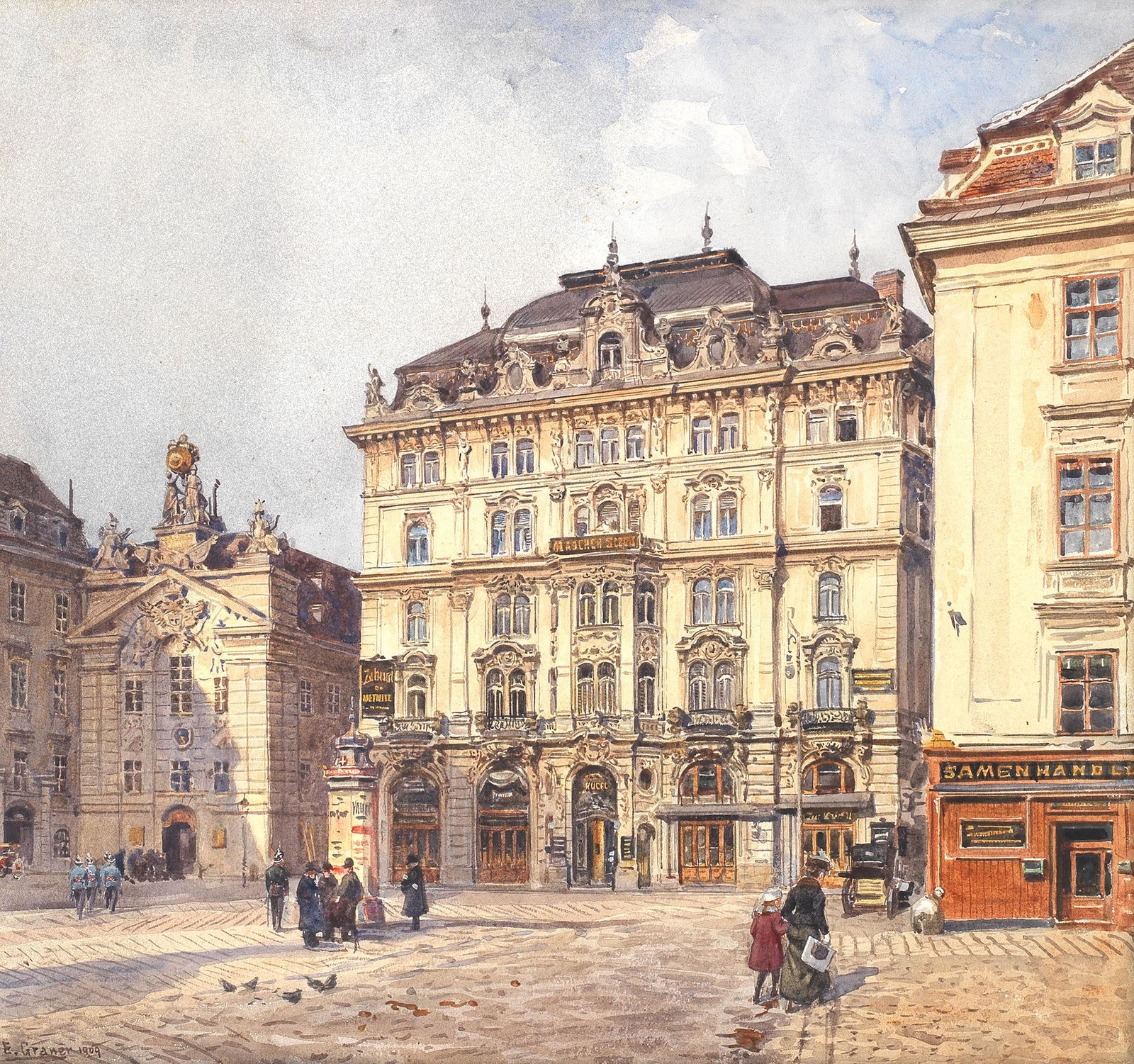 Ernst Graner (Austrian, 1865-1943) A view of Am Hof square, Vienna (1 of 2)