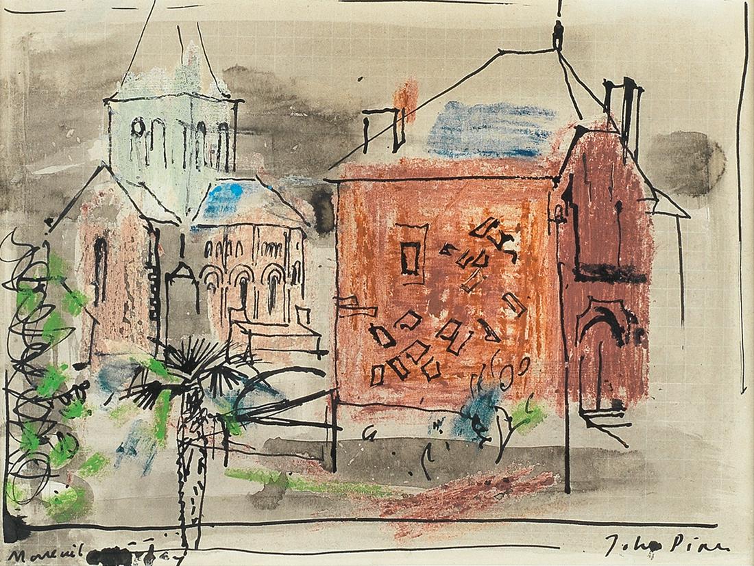 John Piper C.H. (British, 1903-1992) Mareuil-sur-Lay I: John Piper C.H. (British, 1903-1992) Mareuil-sur-Lay I signed 'John Piper' (lower right), indistinctly titled 'Mareuil-sur-Lay' (lower left) pen and ink, ink and pastel on paper 15 x 20cm (5 7/8 x 7 7