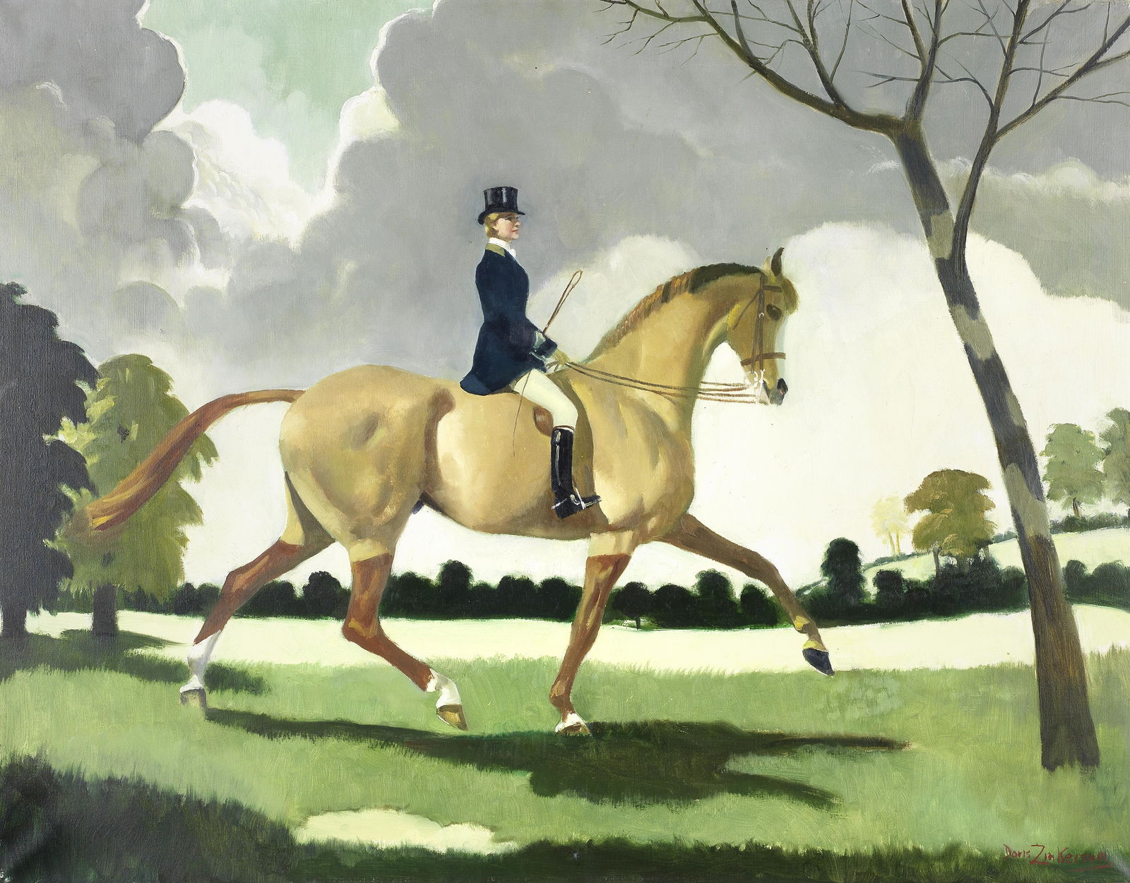 Doris Clare Zinkeisen (British, 1897-1991) A Lady on Horseback: Doris Clare Zinkeisen (British, 1897-1991) A Lady on Horseback signed 'Doris Zinkeisen' (lower right) oil on canvas 71 x 92cm (27 15/16 x 36 1/4in). Footnotes: Provenance Sale;