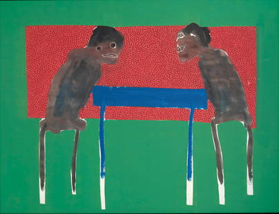 Amadou Sanogo (Malian, born 1977) Discute 58 x 76in (147.3 x 193cm).: Amadou Sanogo (Malian, born 1977) Discute signed and dated 'A./ Sanogo/ 2015' (lower right) acrylic on canvas 58 x 76in (147.3 x 193cm). Footnotes: Amadou Sanogo was born in Ségou, Mali in 1977.