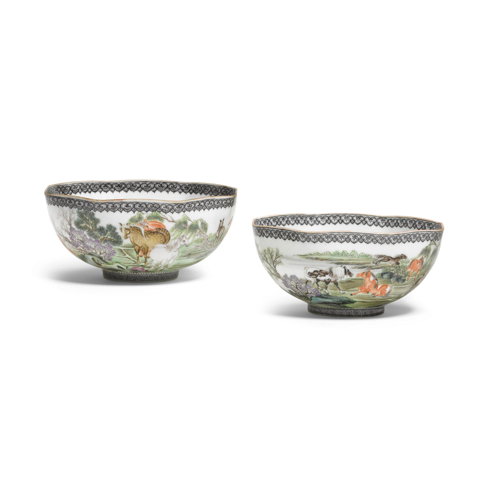 A PAIR OF CHINESE ENAMELED EGGSHELL PORCELAIN 'HORSE' BOWLS Qianlong marks, Republic period or l... (1 of 5)