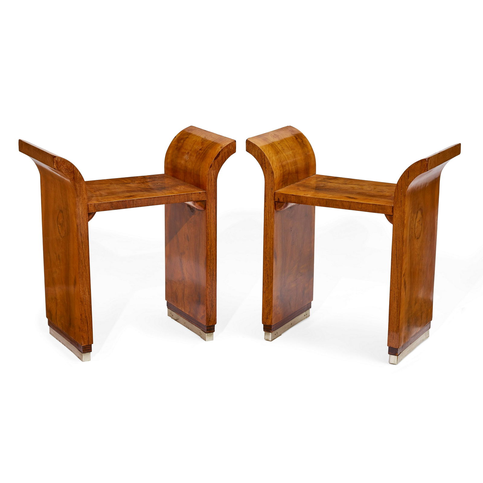 A PAIR OF ART DECO ALUMINUM AND BURL WALNUT STOOLS (1 of 2)