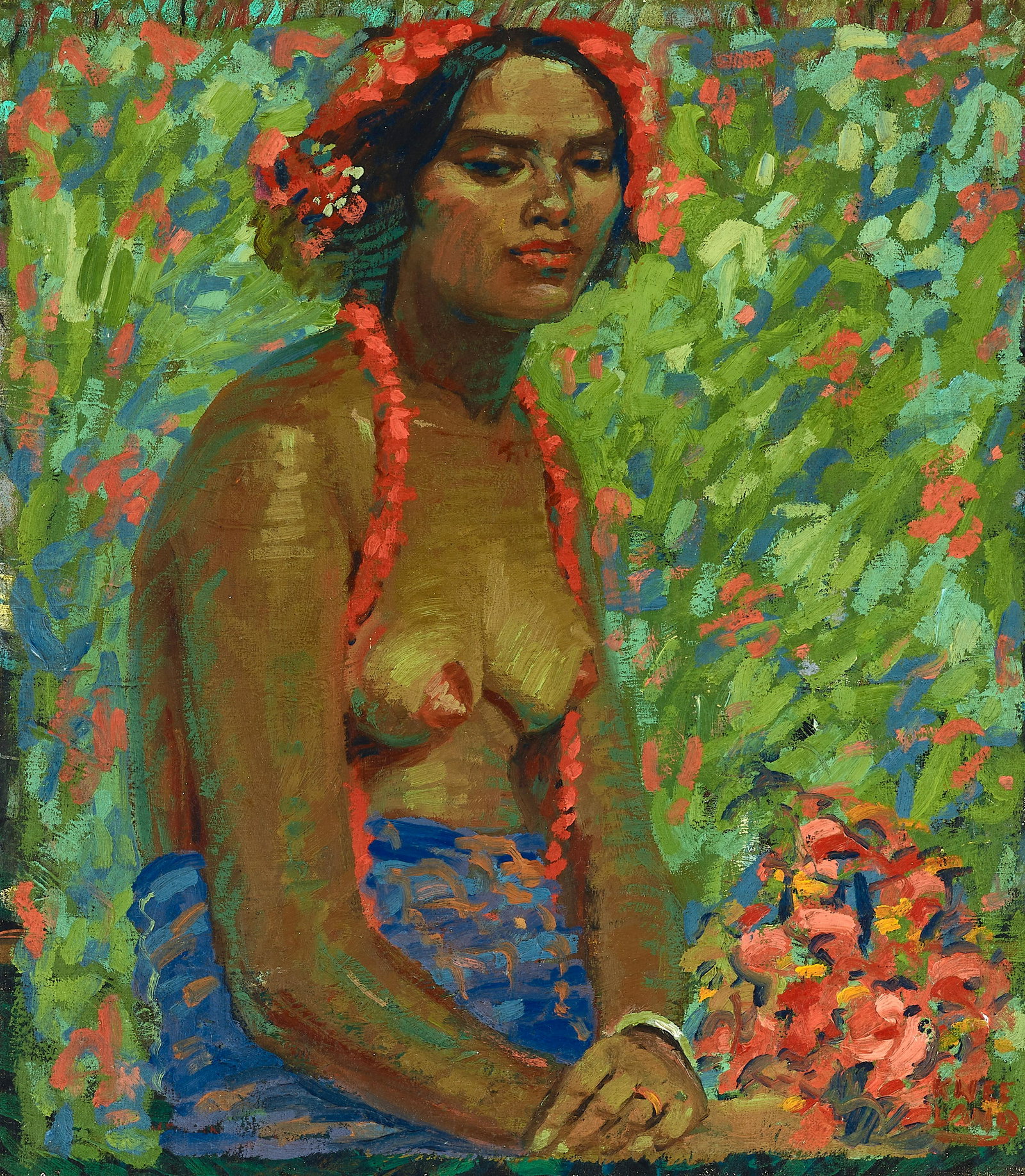 Roy Kneeland (1891-1982) Hawaiian girl adorned with Ilima Leis 18 x 16 in. framed 26 x 24 in. (1 of 3)