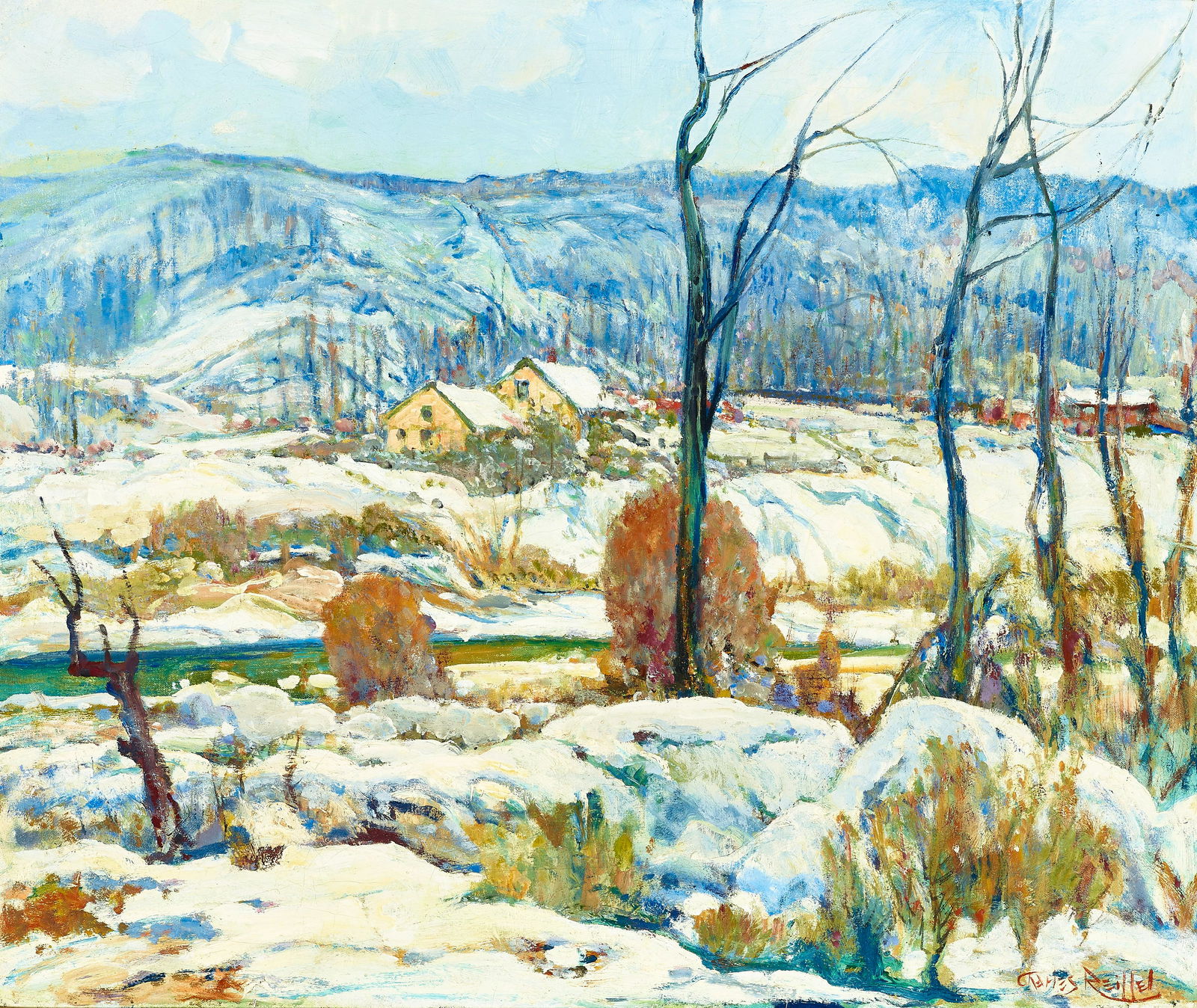 Charles Reiffel (1862-1942) Silvermine Winter 25 x 30 in. framed 35 x 40 in.: Charles Reiffel (1862-1942) Silvermine Winter signed 'Charles Reiffel' (lower right) and signed again and titled (on the reverse) oil on canvas 25 x 30 in. framed 35 x 40 in.