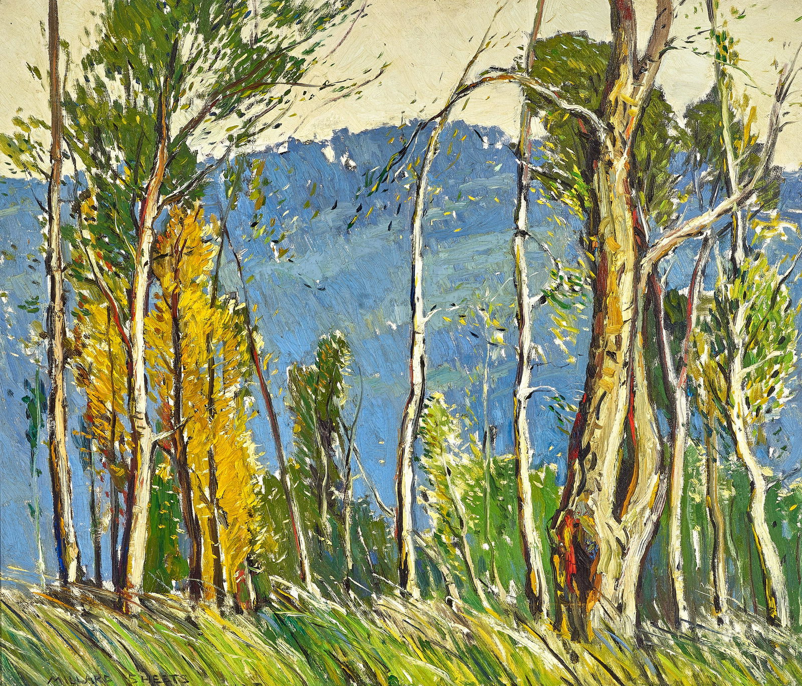 Millard Owen Sheets (1907-1989) Windswept Hill 24 x 28 in. framed 29 x 33 in.: Millard Owen Sheets (1907-1989) Windswept Hill signed 'MILLARD SHEETS' (lower left) and titled on a gallery label (on the backing board) oil on canvas 24 x 28 in. framed 29 x 33 in. Footnotes: Prov