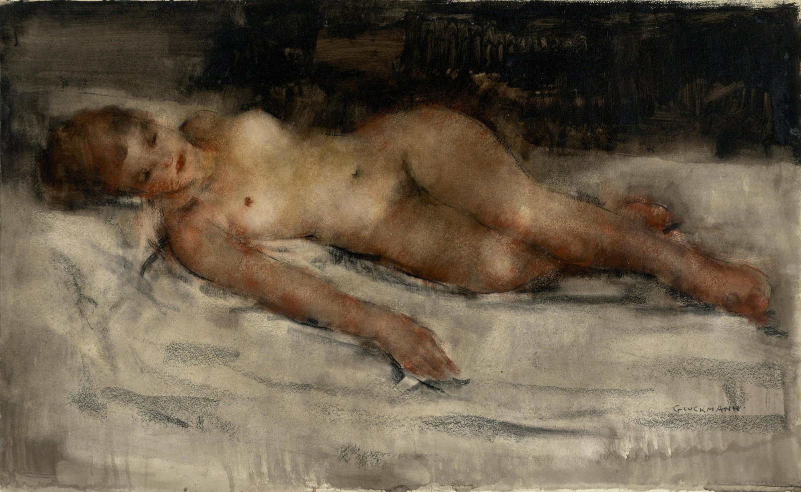 Grigory Gluckmann (1898-1973) Reclining nude 5 7/8 x 8 1/4 in. framed 17 x 23 in.: Grigory Gluckmann (1898-1973) Reclining nude signed 'GLUCKMANN' (lower right) watercolor and gouache under varnish on card laid on board 5 7/8 x 8 1/4 in. framed 17 x 23 in. Footnotes: Provenance</