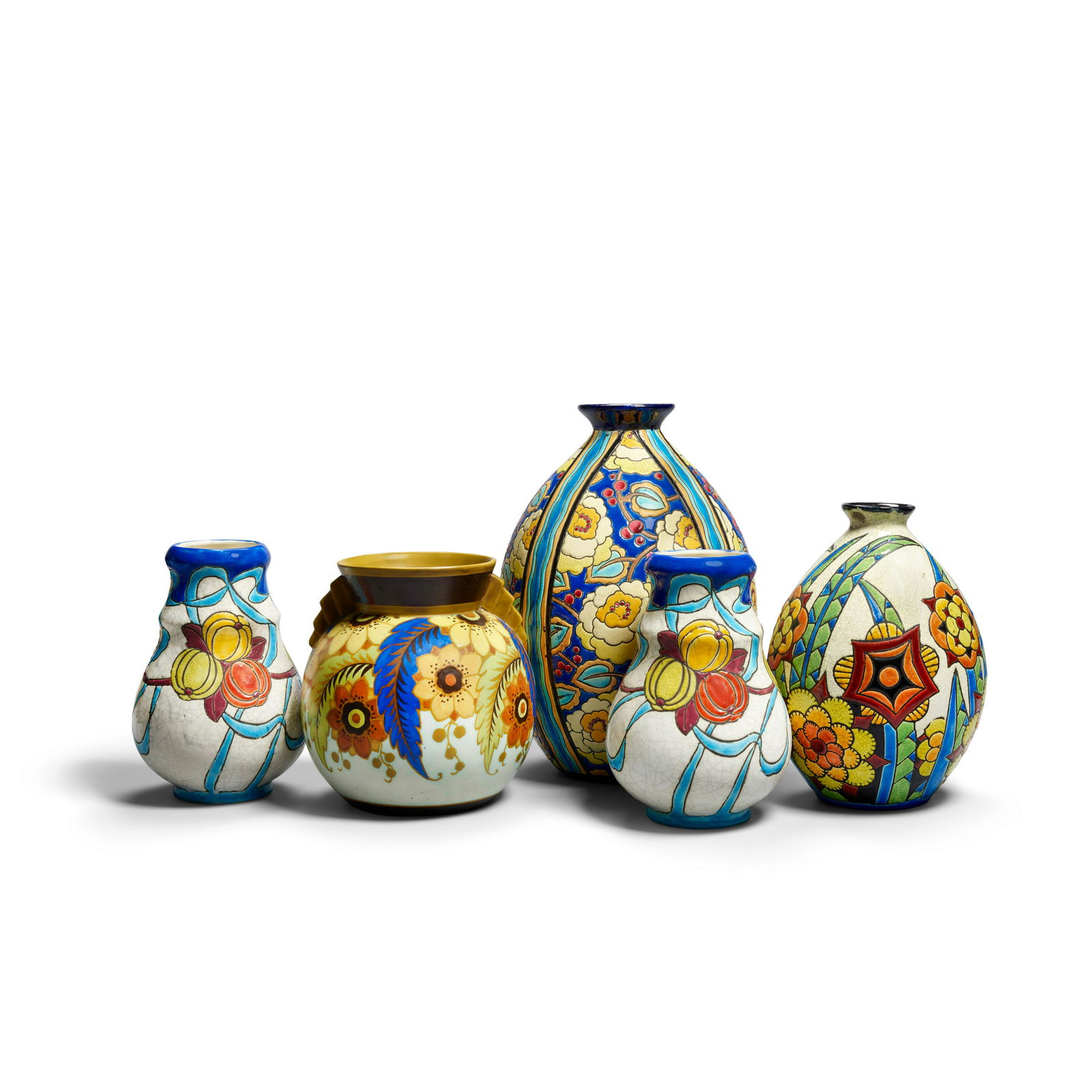 CHARLES CATTEAU (1880–1966) Group of Five Floral Vasesglazed earthenware, each numbered, w... (1 of 1)
