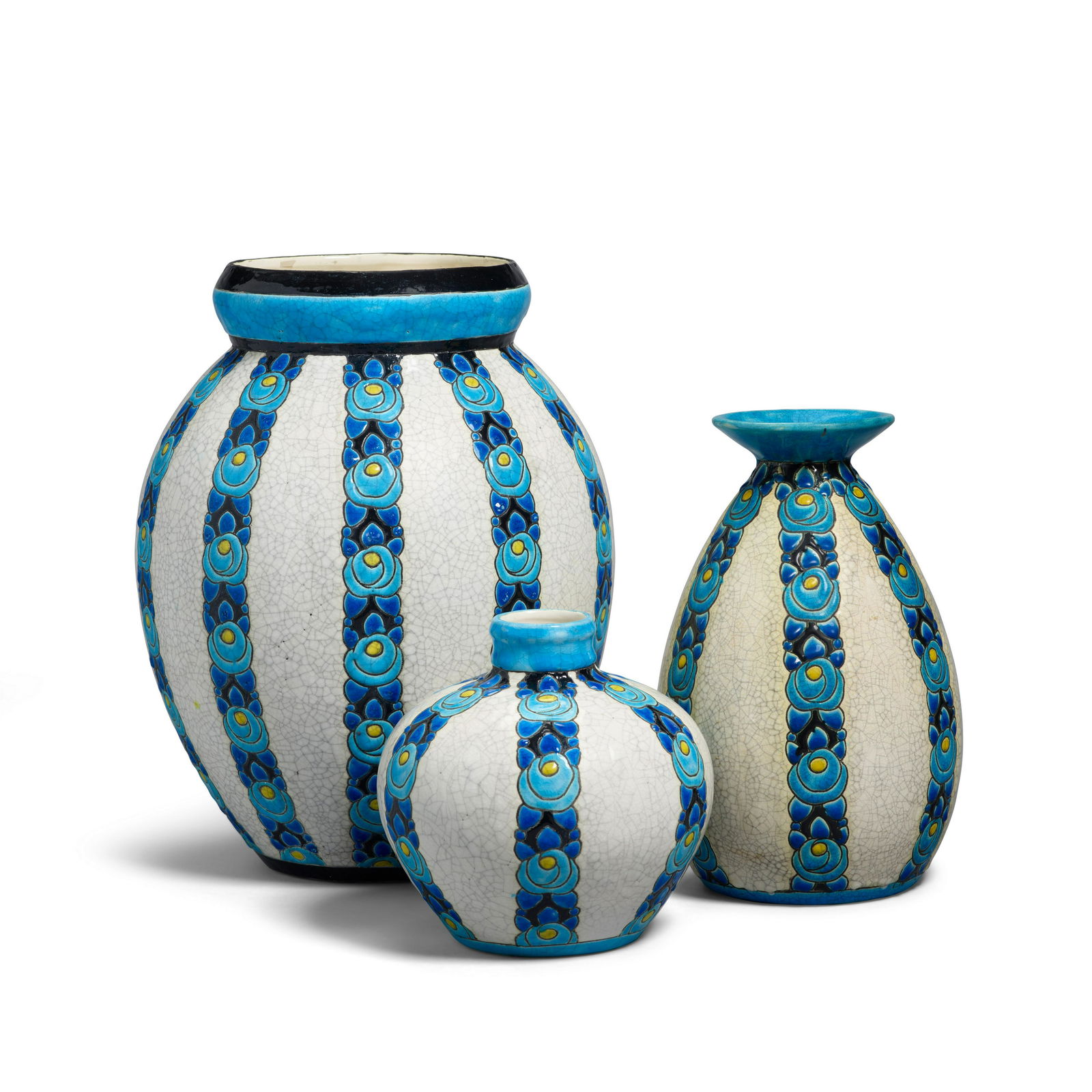 CHARLES CATTEAU (1880-1966) Group of Three Blue Flower Vasesglazed earthenware, each numbered an... (1 of 1)