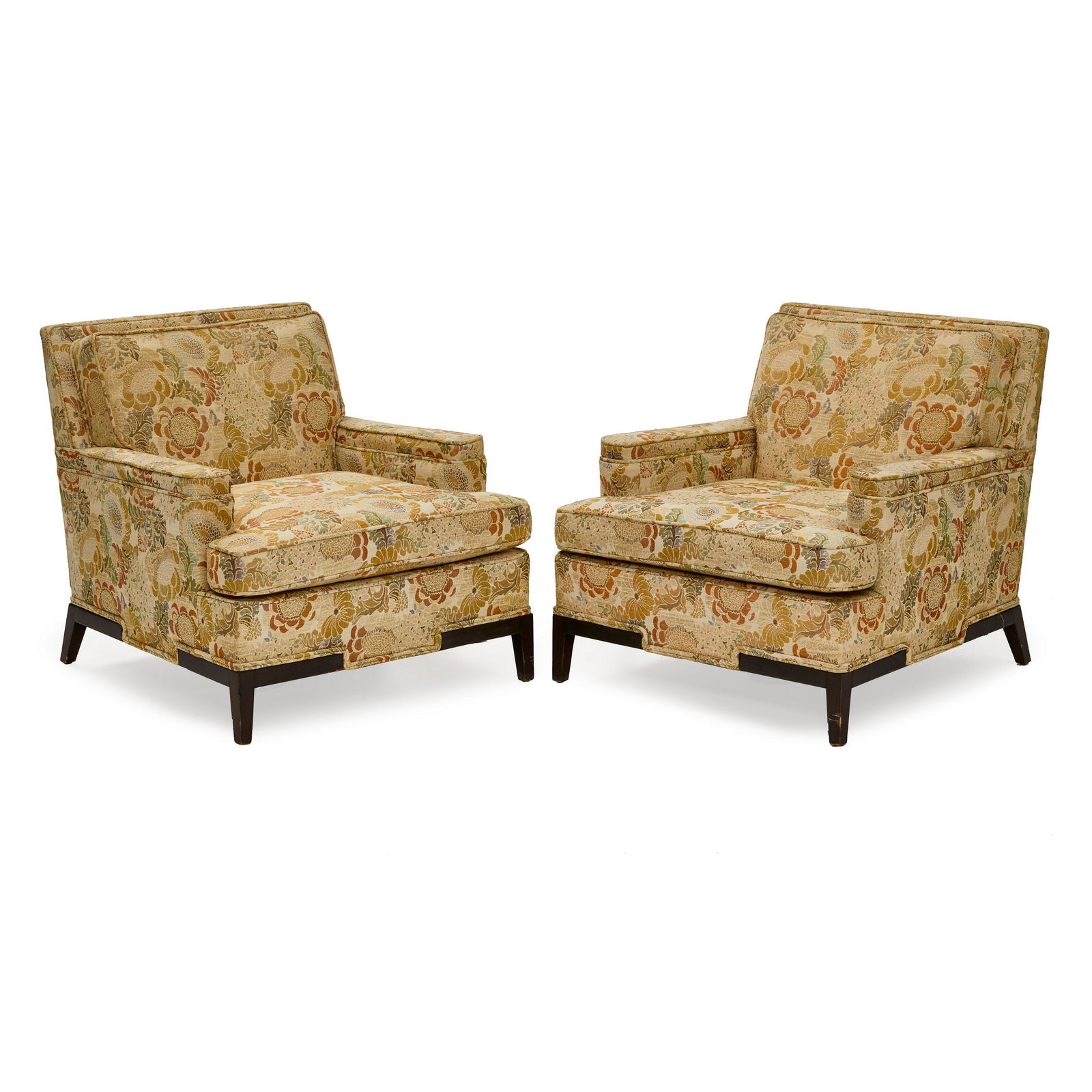 CUSTOM Pair of Lounge Chairs1950smost probably designed by Maurice Bailey for Monteverdi Young, ...: CUSTOM Pair of Lounge Chairs 1950s most probably designed by Maurice Bailey for Monteverdi Young, upholstery, walnut stained wood height 30 1/2in (77.5cm); width 30in (76cm); depth 32in (81.5cm) Footn