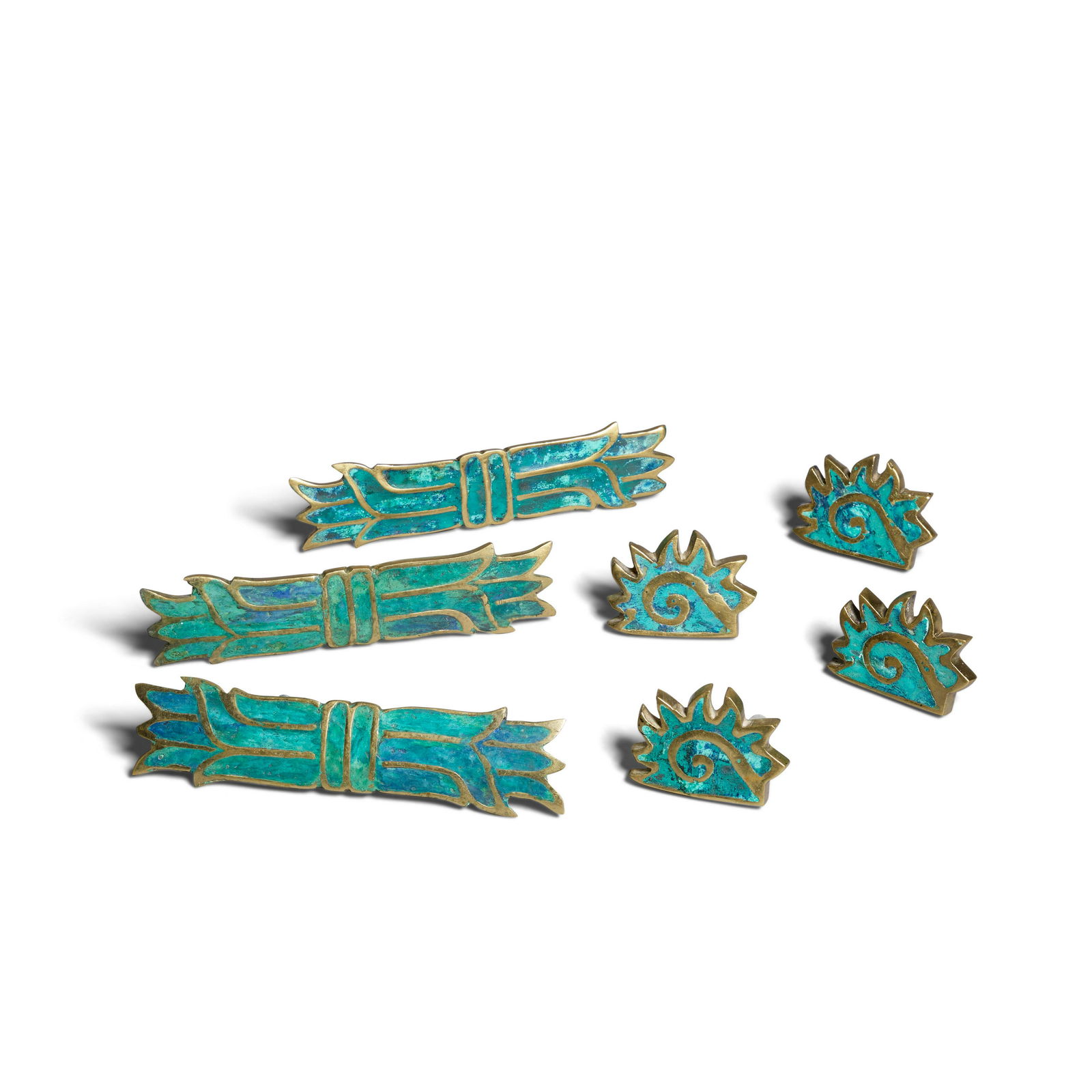 PEPE MENDOZA (ACTIVE MID 20TH CENTURY) Set of Seven Drawer Pullsceramic inlaid brass, each stamp... (1 of 1)