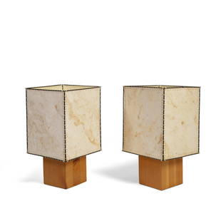 AFTER LUIS BARRAGÁN (1902-1988) Pair of Table Lampsparchment paper, metal, blonde woodheigh...: AFTER LUIS BARRAGÁN (1902-1988) Pair of Table Lamps parchment paper, metal, blonde wood height 17 1/4in (44cm); width 10in (25.5cm); depth 9 1/2in (24cm) Footnotes: Provenance Estate of Margo Lea