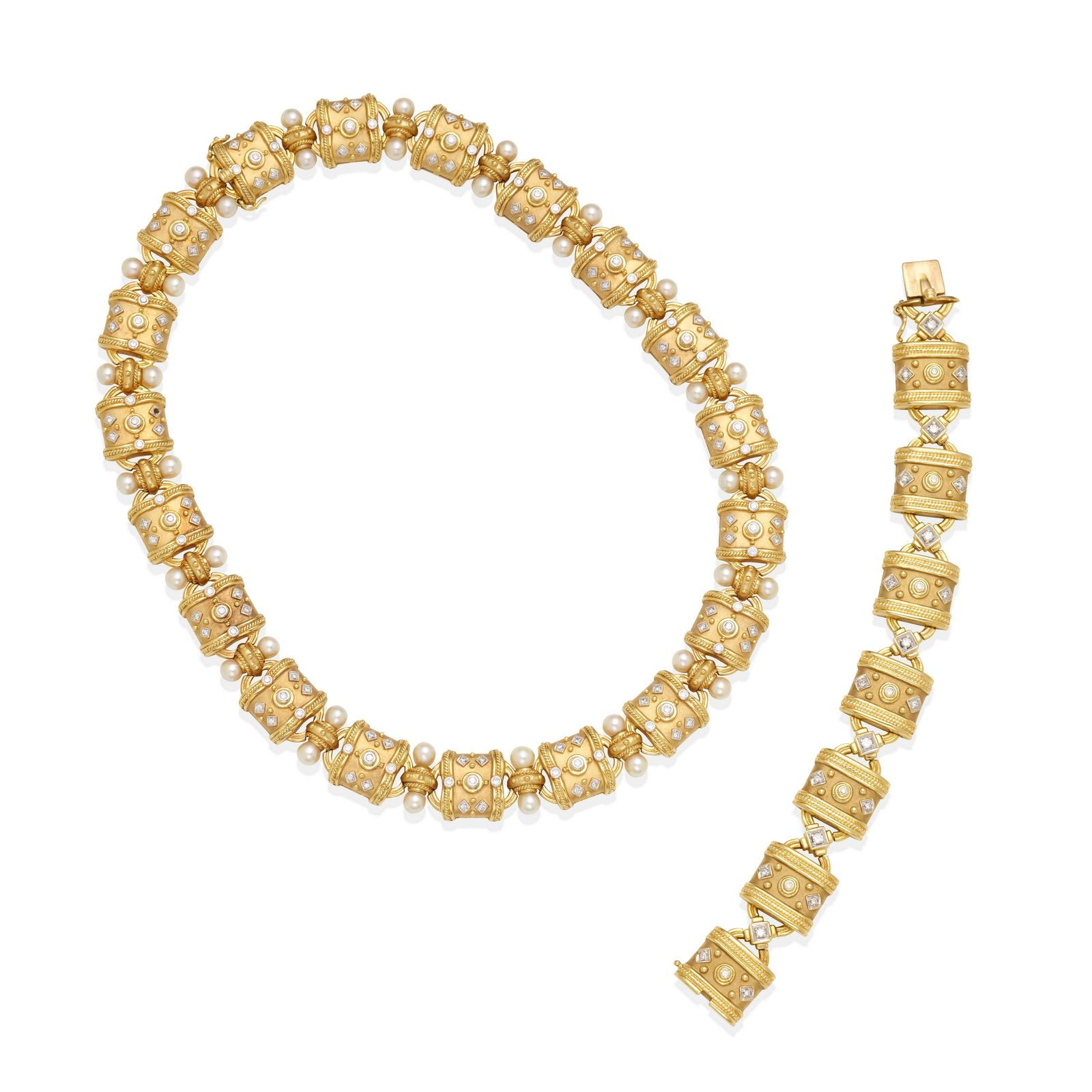 AN 18K GOLD, DIAMOND, CULTURED PEARL NECKLACE AND BRACELET (1 of 2)