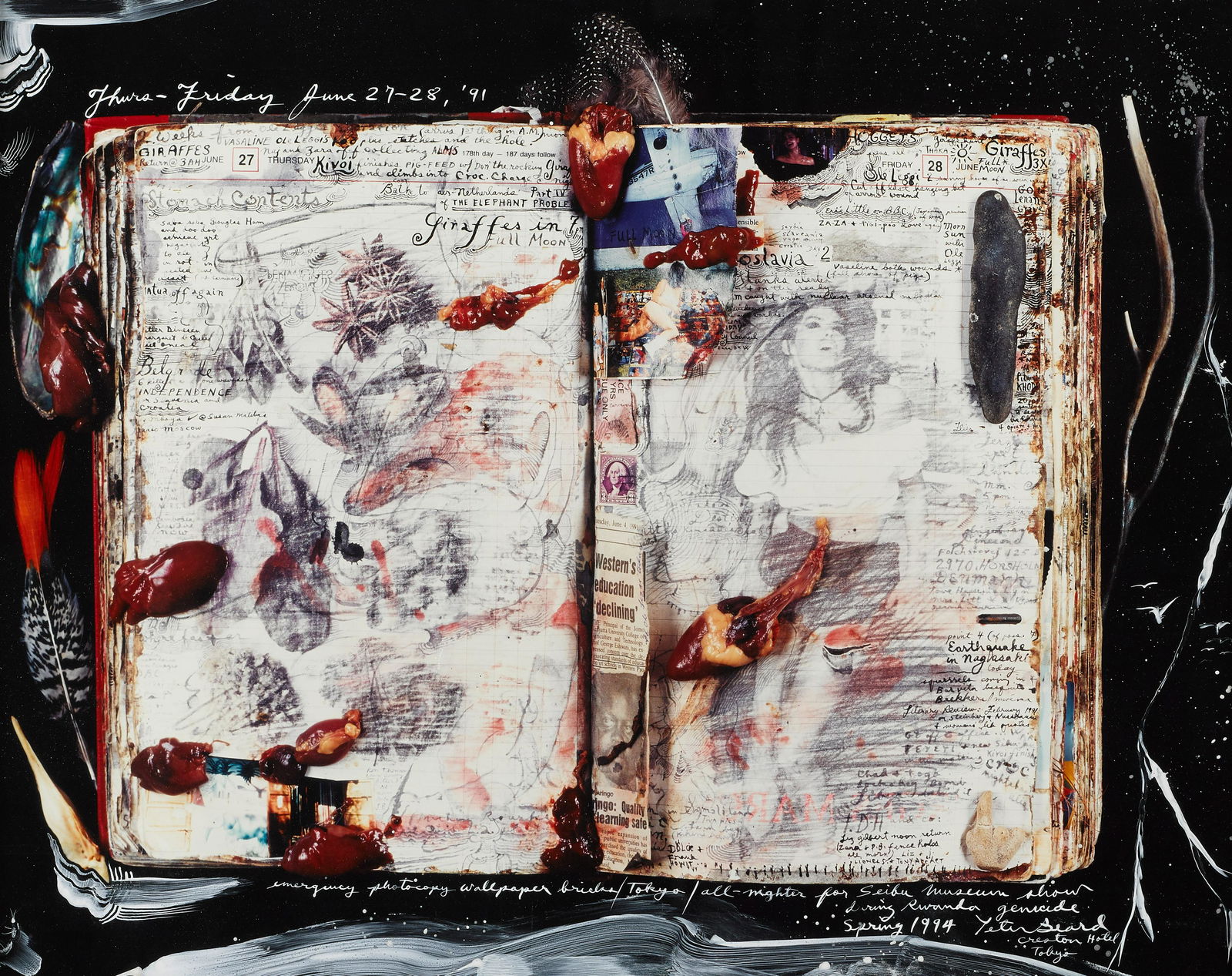 Peter Beard (born 1938); Diary Page, Thurs-Fri 27-28 June;: Peter Beard (born 1938) Diary Page, Thurs-Fri 27-28 June, 1991 Chromogenic print with white ink, printed 1994, signed, dated, titled and inscribed 'emergency photocopy wallpaper bricks/Tokyo/all-night