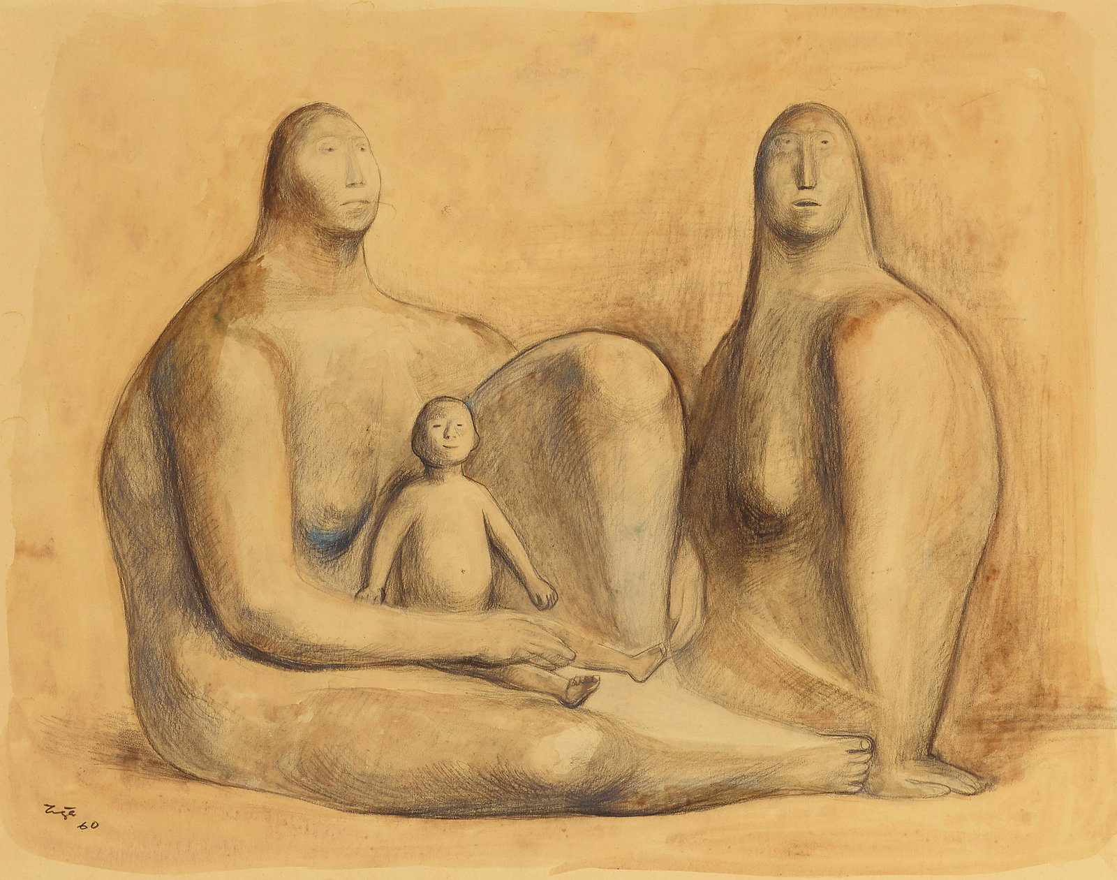 A Francisco Zuniga drawing, 'Two Women with Child,' 1960 (1 of 2)