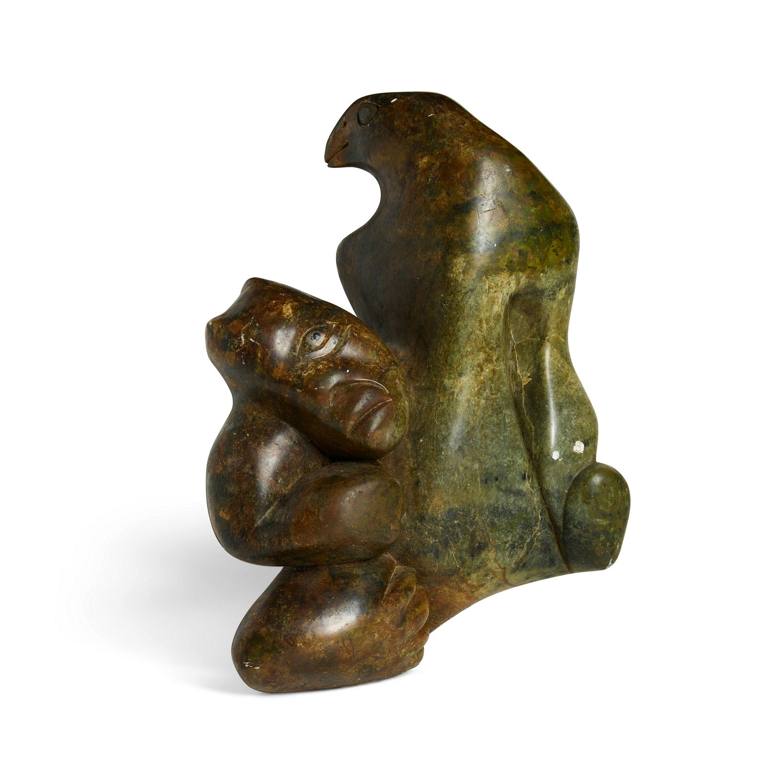 An Abraham Anghik Ruben sculpture: Abraham Anghik Ruben Inuit, Paulatuk, (b. 1951), a carved stone sculpture, figure and bird, 1992, signed and dated in Roman, missing base (drilled). height 15 1/2in, width 12 1/2in Footnotes: Provenan