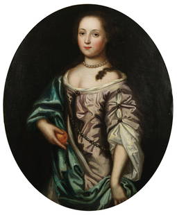 Follower of Willem Wissing (Amsterdam 1656-1687 Burghley) Portrait of a young woman, three-quart...: Follower of Willem Wissing (Amsterdam 1656-1687 Burghley) Portrait of a young woman, three-quarter length, wearing a mauve satin dress, oval oil on canvas 84 x 69cm (33 1/16 x 27 3/16in).