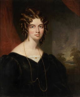 Sir John Watson Gordon R.A. (British, 1788-1864) Portrait of Amelia Frances Pellat in a black dr...: Sir John Watson Gordon R.A. (British, 1788-1864) Portrait of Amelia Frances Pellat in a black dress and gold chain, a landscape beyond oil on canvas 76.2 x 63.5cm (30 x 25in). Footnotes: Prov