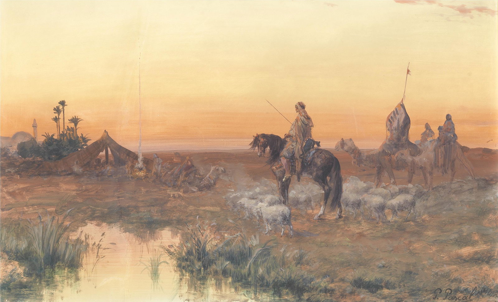 Paul Pascal (French, 1832-1903) Caravan by the oasis at sunset: Paul Pascal (French, 1832-1903) Caravan by the oasis at sunset signed 'P. Pascal' (lower right) watercolour and gouache 38.4 x 61.3cm (15 1/8 x 24 1/8in). This lot is subject to the following lot symb