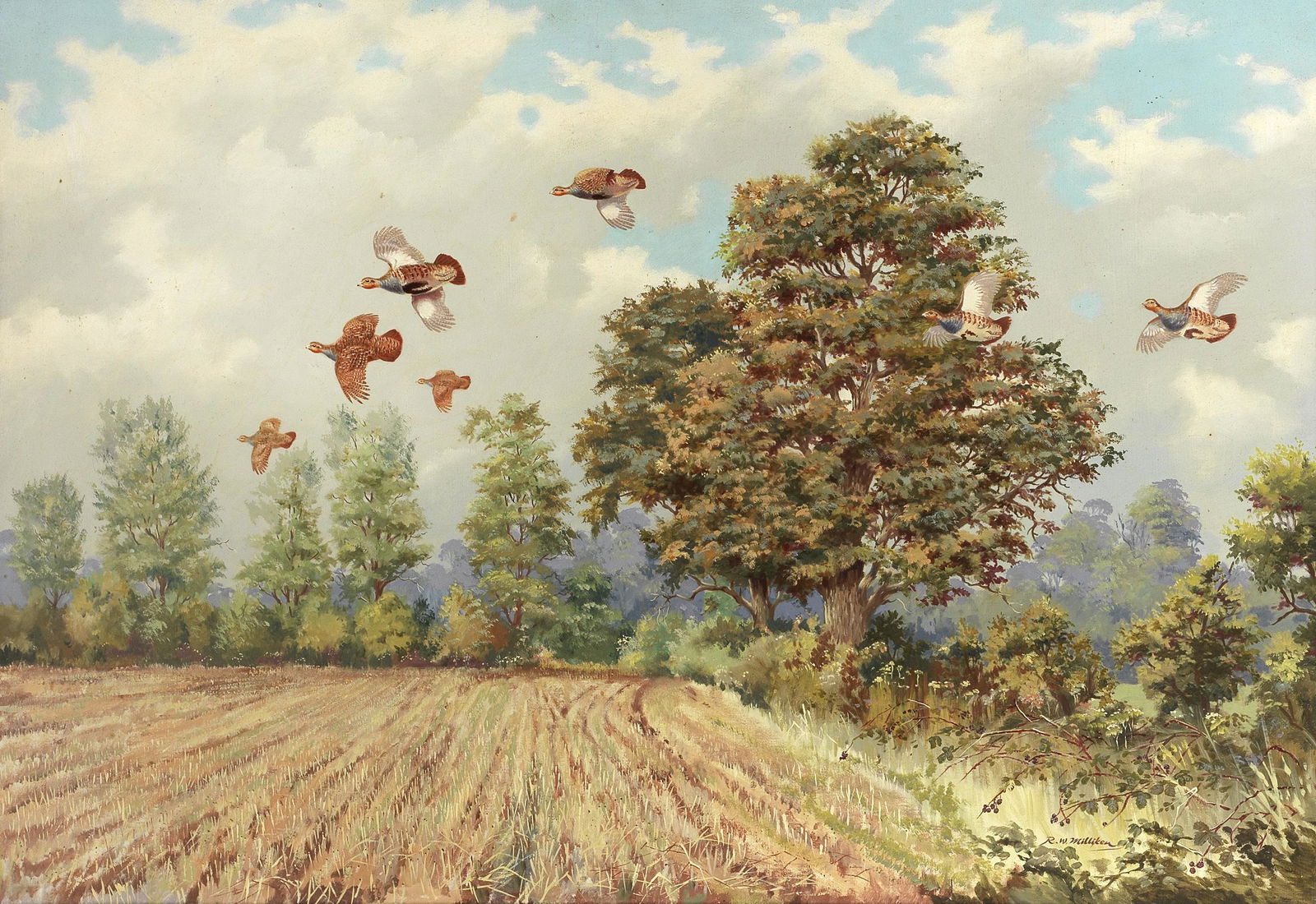 Robert W. Milliken (British, 1920-2014) Partridges over the hedge (1 of 2)