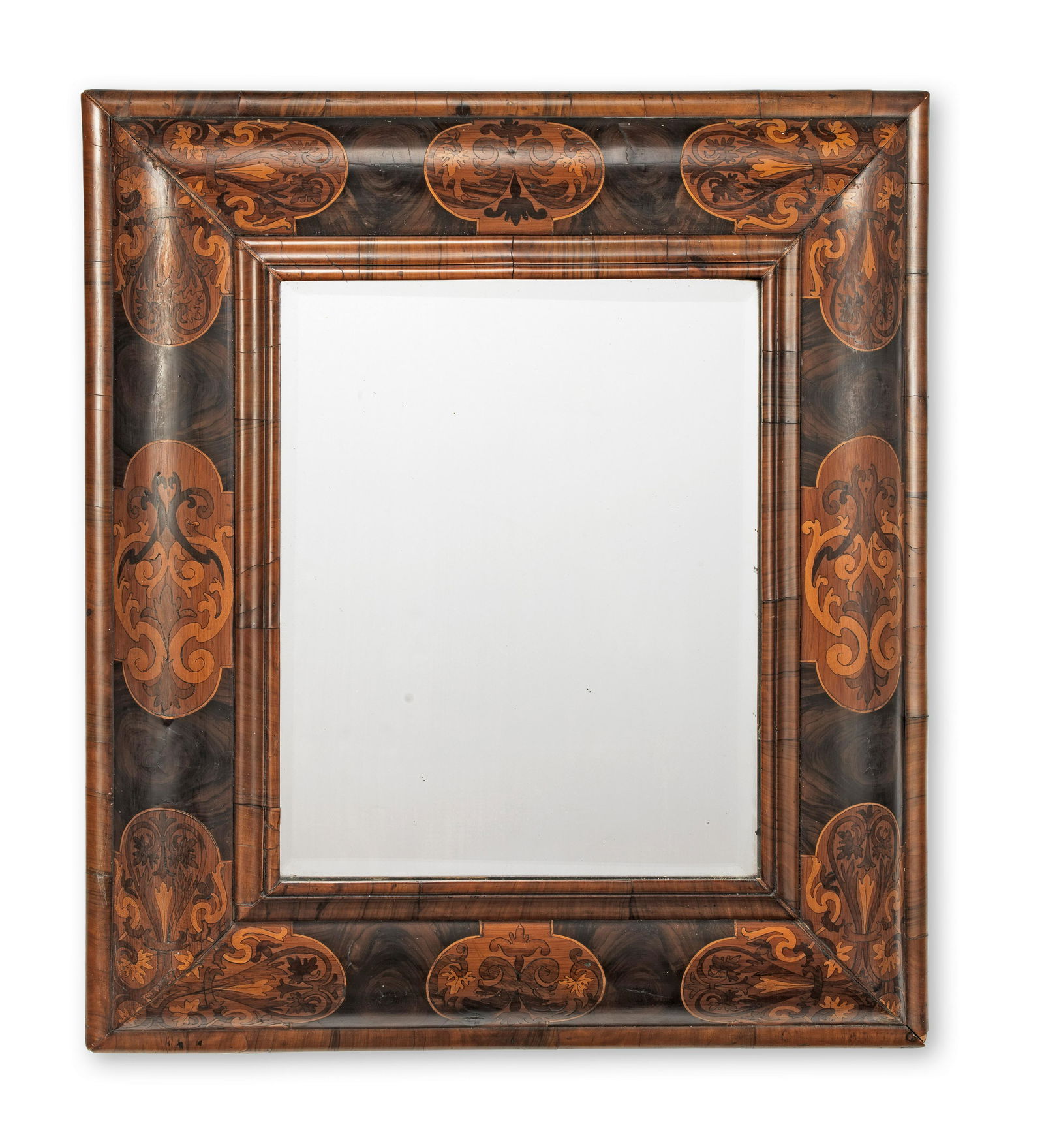 A William and Mary or Queen Anne walnut and fruitwood marquetry 'cushion frame' mirror (1 of 1)