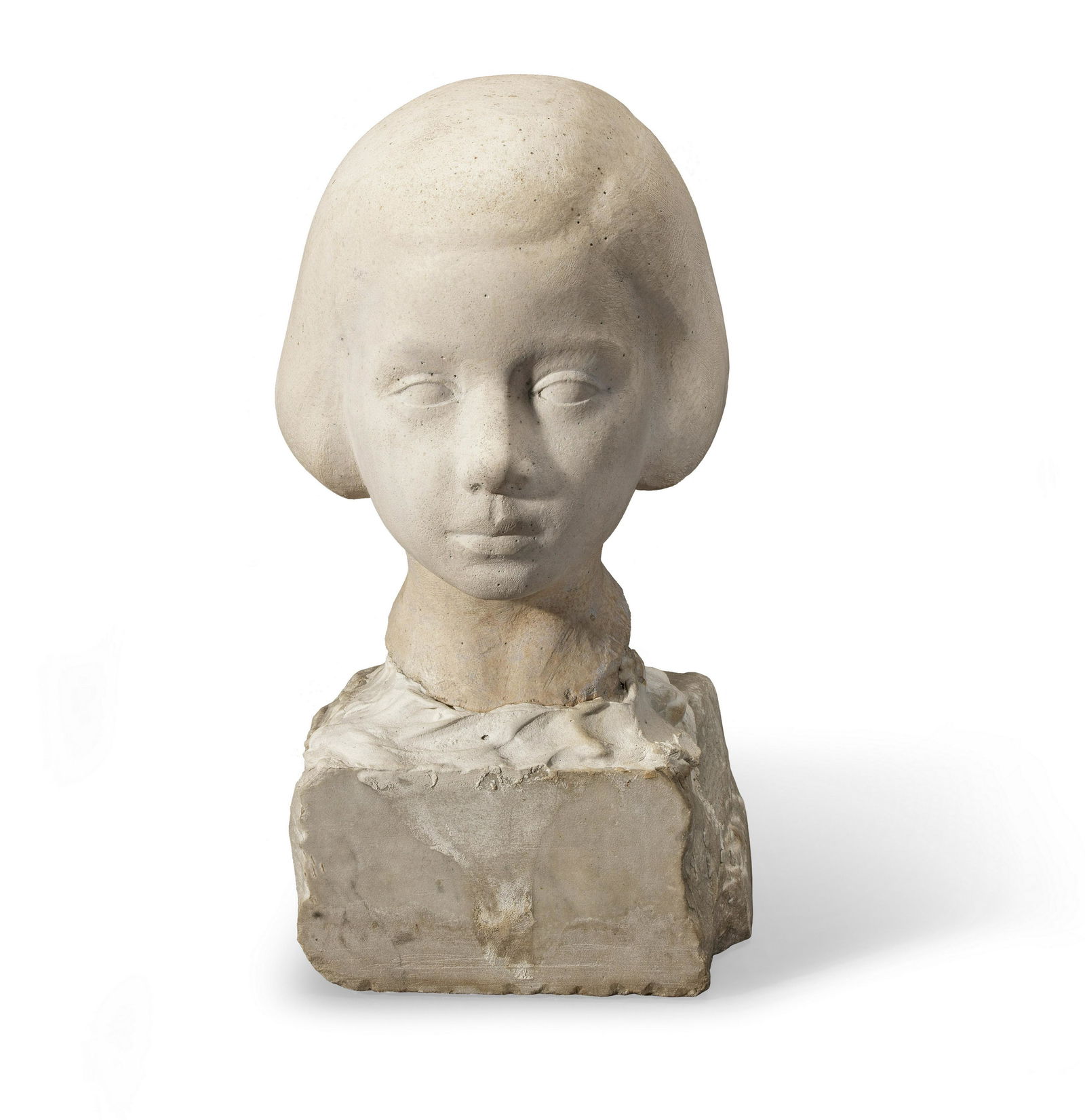 Jean Joachim Supéry (French, 1905-1990): A sculpted limestone portrait bust of a young girl: Jean Joachim Supéry (French, 1905-1990): A sculpted limestone portrait bust of a young girl modelled full face, with parted bobbed hair, the neck mounted on a plaster and marble base, 38cm high