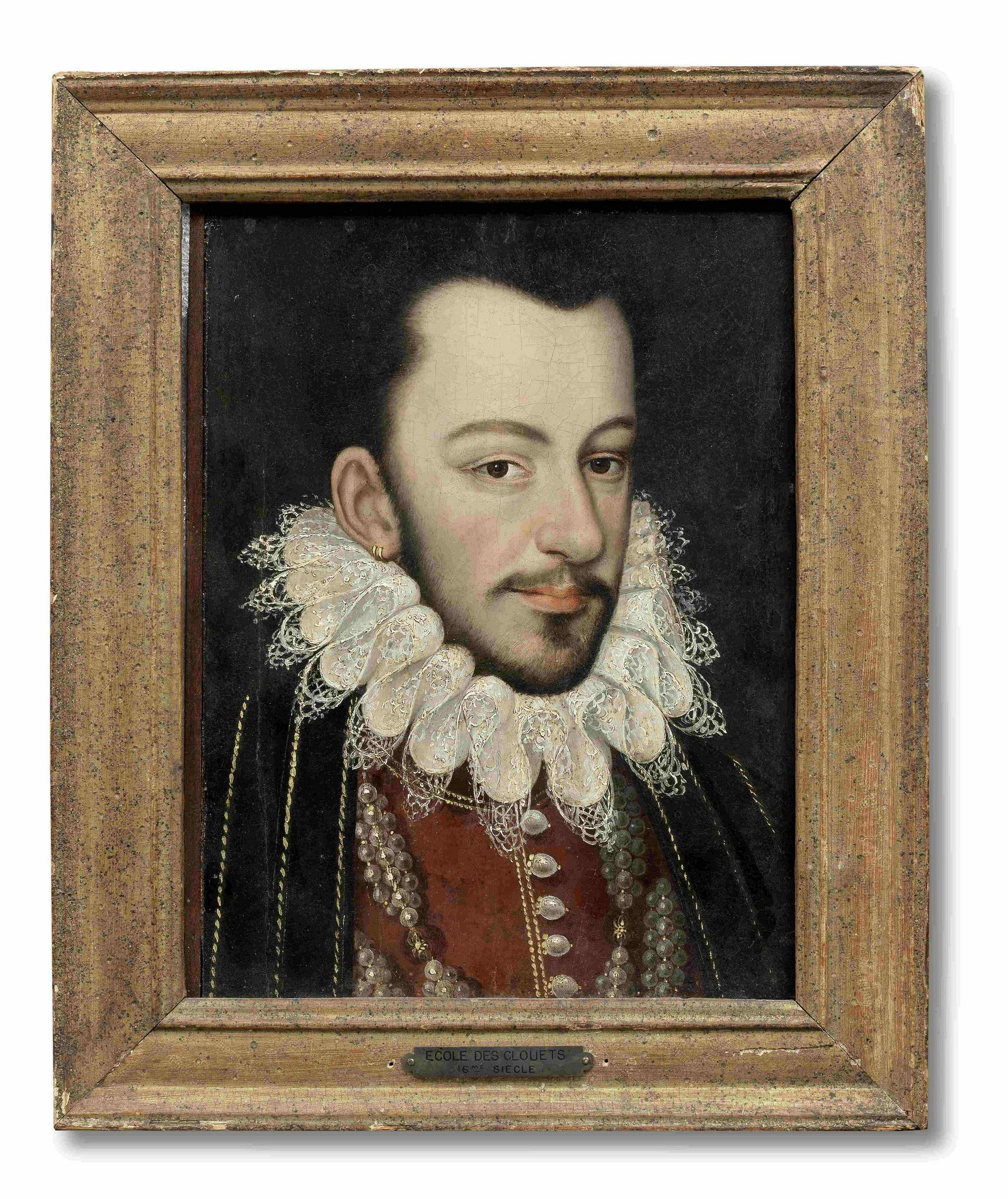 Follower of François Clouet (Tours 1522-1572 Paris) Portrait of King Henri III of France, b...: Follower of François Clouet (Tours 1522-1572 Paris) Portrait of King Henri III of France, bust-length, in a white lace ruff and pearls oil on panel 31 x 23.6cm (12 3/16 x 9 5/16in). This lot is s