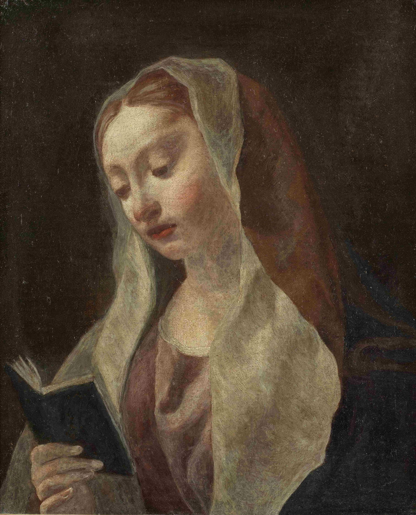 Attributed to Giuseppe Angeli (Venice circa 1712-1798) The Madonna reading: Attributed to Giuseppe Angeli (Venice circa 1712-1798) The Madonna reading oil on canvas 49.5 x 40.7cm (19 1/2 x 16in). Footnotes: The present work is accompanied by a copy of an expertise from