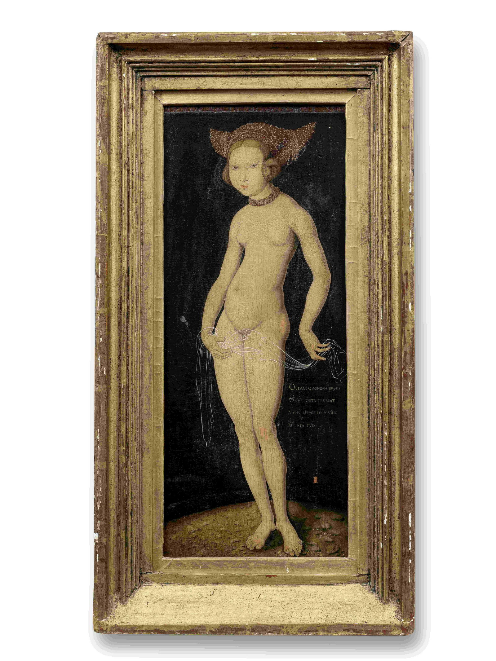 Manner of Lucas Cranach the Younger, 19th Century Venus: Manner of Lucas Cranach the Younger, 19th Century Venus extensively inscribed (lower right) oil on panel 48.7 x 21.2cm (19 3/16 x 8 3/8in). Footnotes: Provenance Purportedly, the Collect