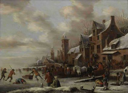 Klaes Molenaer (Haarlem circa 1630-1676) Skating on the Spaarne near Haarlem: Klaes Molenaer (Haarlem circa 1630-1676) Skating on the Spaarne near Haarlem indistinctly signed 'K*ol**' (on block of ice, lower right) oil on panel 46.7 x 63.4cm (18 3/8 x 24 15/16in). This lot is s