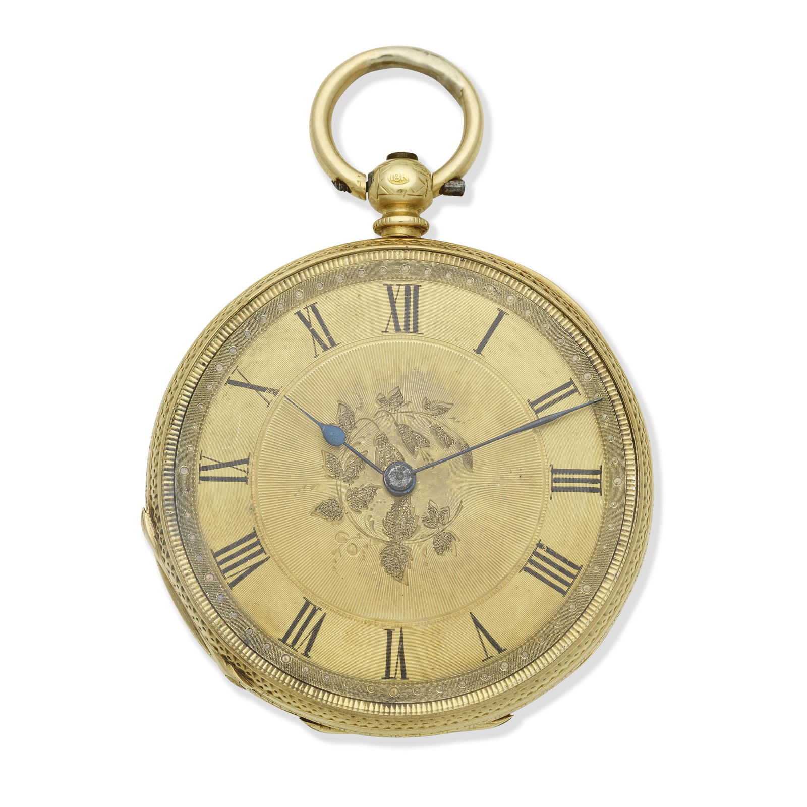 John Bennett, 63 & 64 Cheapside, London. An 18K gold key wind open face pocket watch Circa 1860: John Bennett, 63 & 64 Cheapside, London. An 18K gold key wind open face pocket watch Date: Circa 1860 Movement: Gilt finish, cylinder escapement, plain 3-arm balance Dial: Champagne, foliate engraved