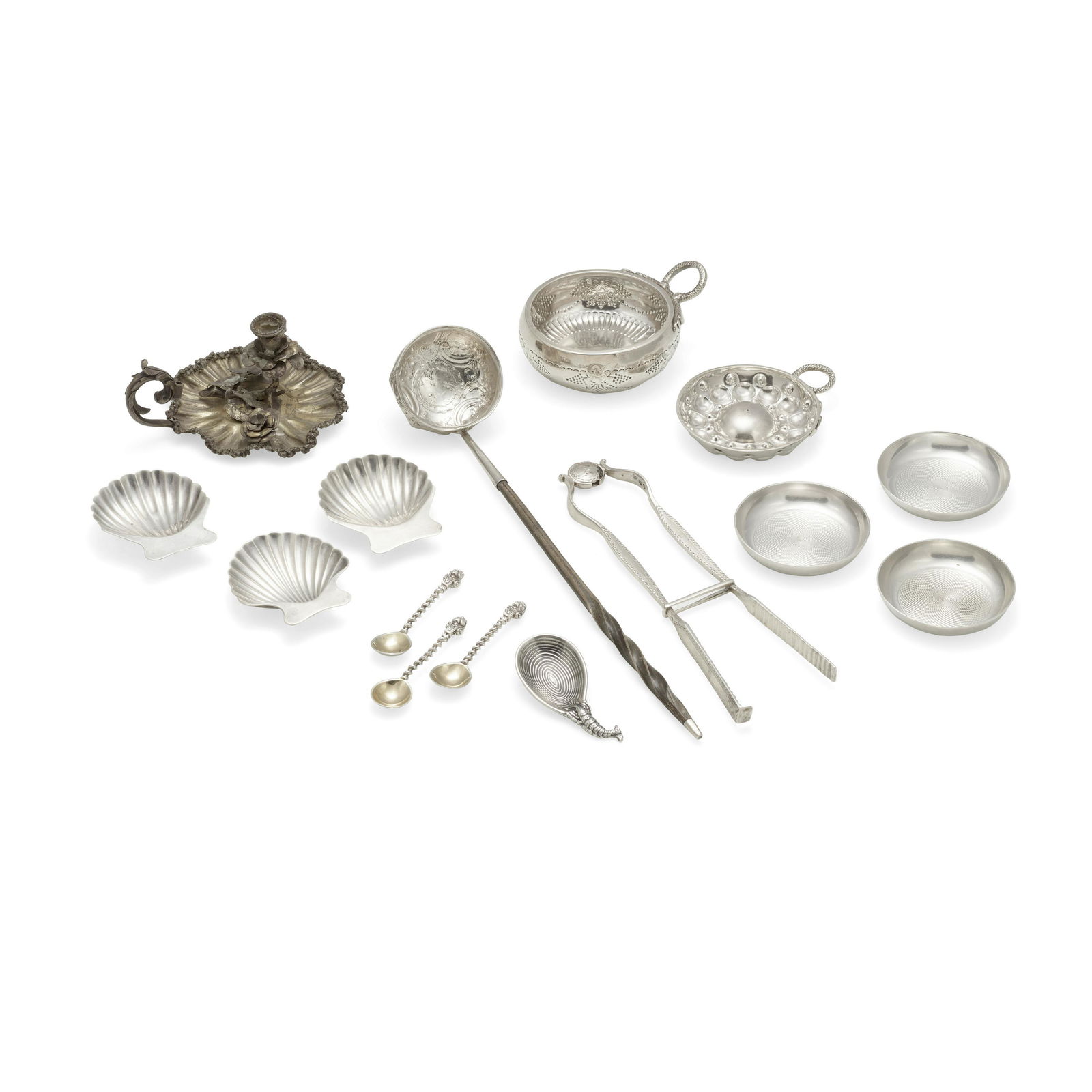 A GROUP OF AMERICAN, CONTINENTAL, ENGLISH, AND MEXICAN SILVER TABLE ACCESSORIES by various maker...: A GROUP OF AMERICAN, CONTINENTAL, ENGLISH, AND MEXICAN SILVER TABLE ACCESSORIES by various makers, 19th-20th centuries Including three Tiffany & Co. sterling silver shell-form footed dishes, an Italia