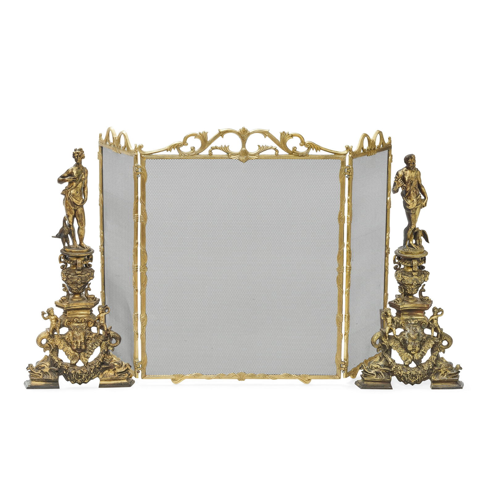 A PAIR OF LARGE RENAISSANCE STYLE GILT BRONZE FIGURAL ANDIRONS AND A FIRESCREENPossibly 17th cen... (1 of 2)