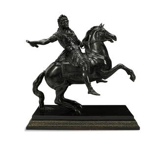 A PATINATED BRONZE EQUESTRIAN GROUP OF LOUIS XIV AS A ROMAN EMPERORAfter Francois Girardon, afte...: A PATINATED BRONZE EQUESTRIAN GROUP OF LOUIS XIV AS A ROMAN EMPEROR After Francois Girardon, after a drawing by Le Brun On a faux bronze base. height of figure 22in (56cm); height overall 25in (63.5cm