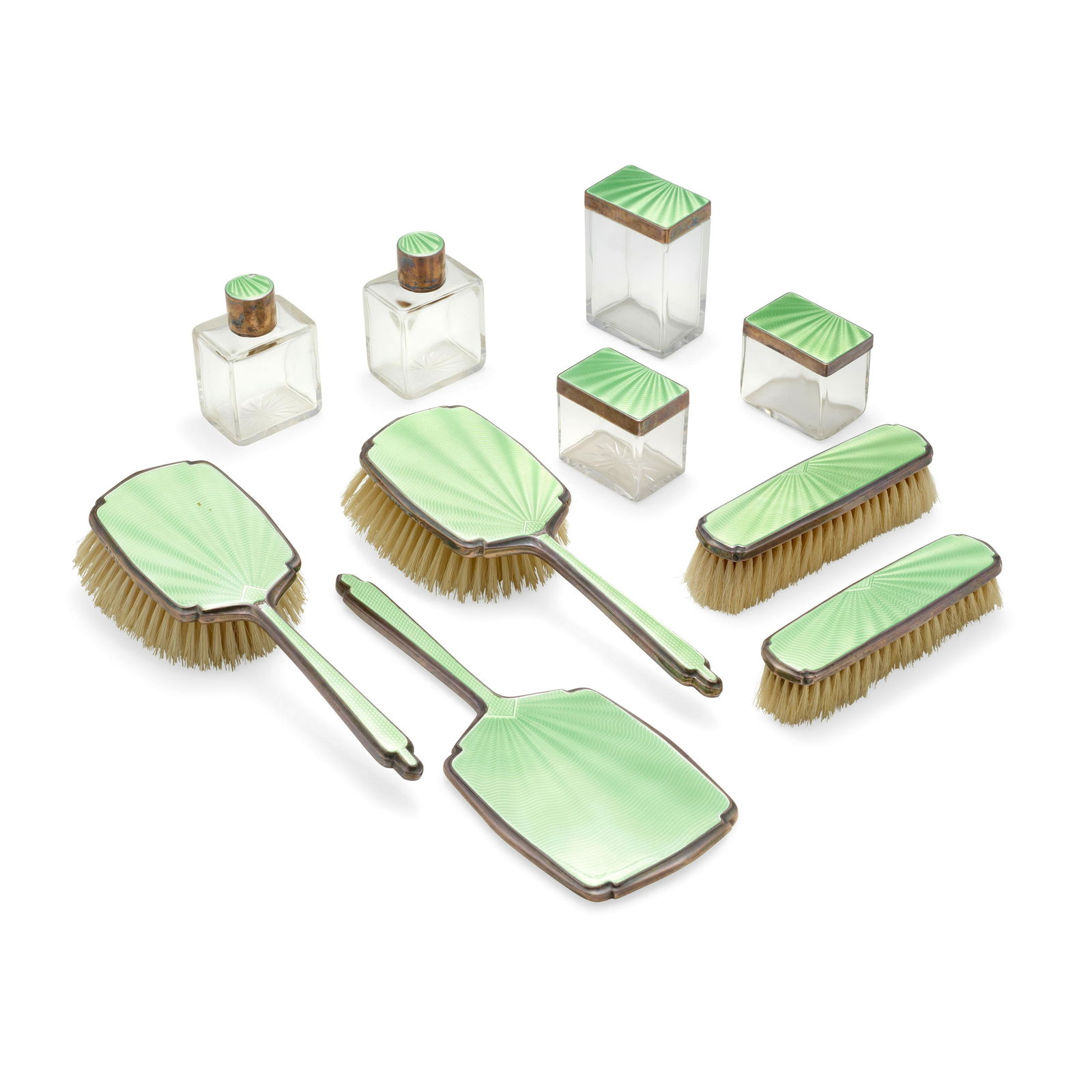 AN ENGLISH GREEN ENAMEL, GLASS, AND SILVER TEN-PIECE GREEN VANITY SET by Albert Carter, Birmingh... (1 of 1)