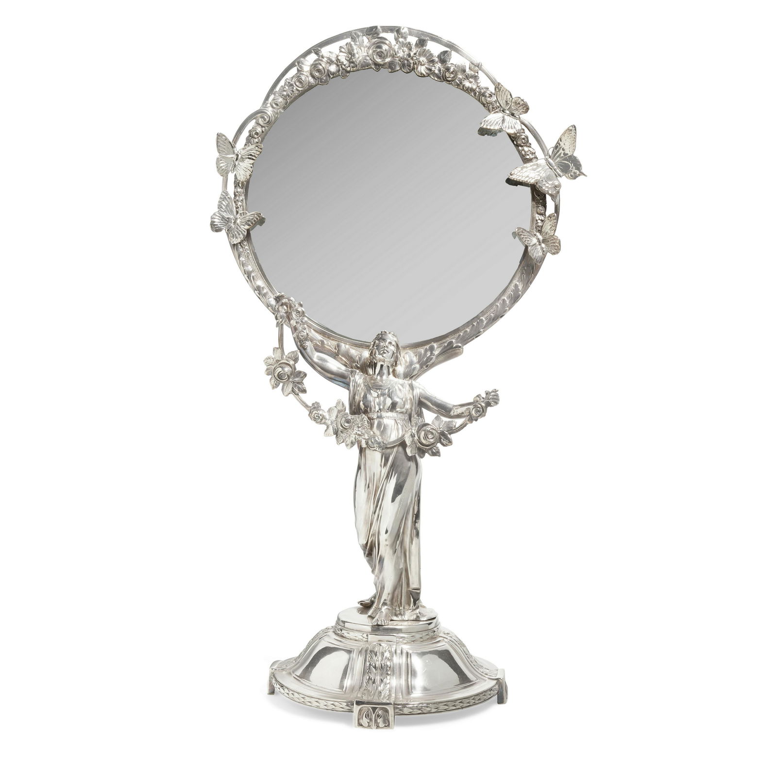 AN ART NOUVEAU SILVER-PLATED FIGURAL VANITY MIRROR apparently unmarked (1 of 1)