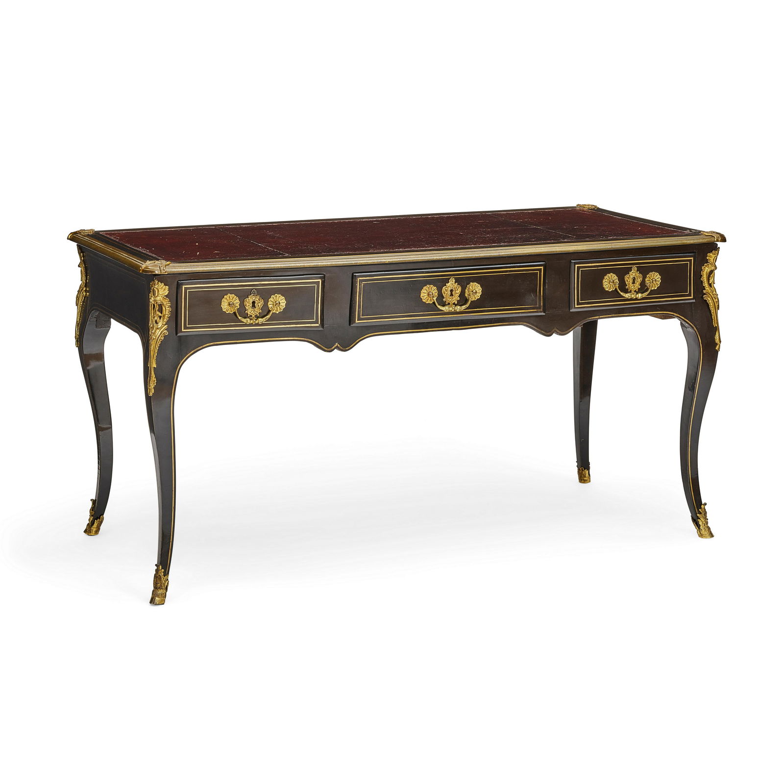 A LOUIS XV LEATHER INSET GILT BRONZE MOUNTED AND BRASS INLAID EBONIZED BUREAU PLAT18th century (1 of 2)