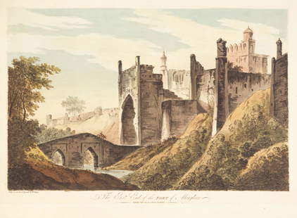 William Hodges, R.A. (London 1744-1797 Devon) 'The East End of the Fort of Mongheer' hand-colour...: William Hodges, R.A. (London 1744-1797 Devon) 'The East End of the Fort of Mongheer' hand-coloured aquatint by and after Hodges, window-mounted, published by J. Greives, 1 September 1787; and a hand-c