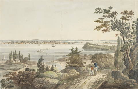 John Hill (British, 1770-1850), after William Guy Wall 'New York from Weehawk' image 39.1 x 61.2...: John Hill (British, 1770-1850), after William Guy Wall 'New York from Weehawk' hand-coloured aquatint published by G. & C. & H. Carvill, New York, 1828 image 39.1 x 61.2cm (15 3/8 x 24 1/8in).