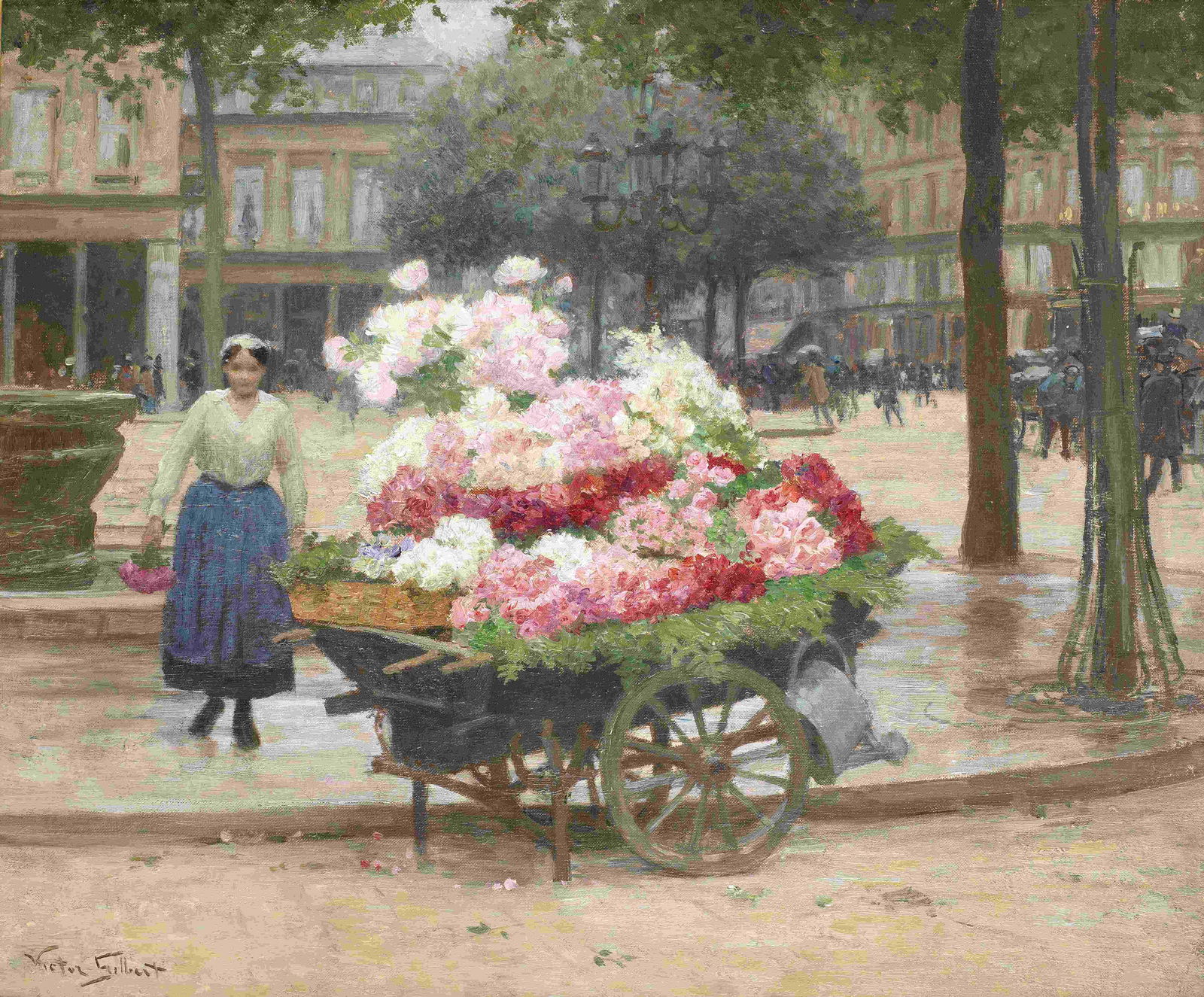 Victor-Gabriel Gilbert (French, 1847-1935) The flower seller, place du Théâtre Fran...: Victor-Gabriel Gilbert (French, 1847-1935) The flower seller, place du Théâtre Français, Paris signed 'Victor Gilbert' (lower left) oil on canvas 38.5 x 46.5cm (15 1/4 x 18 1/4in). Fo