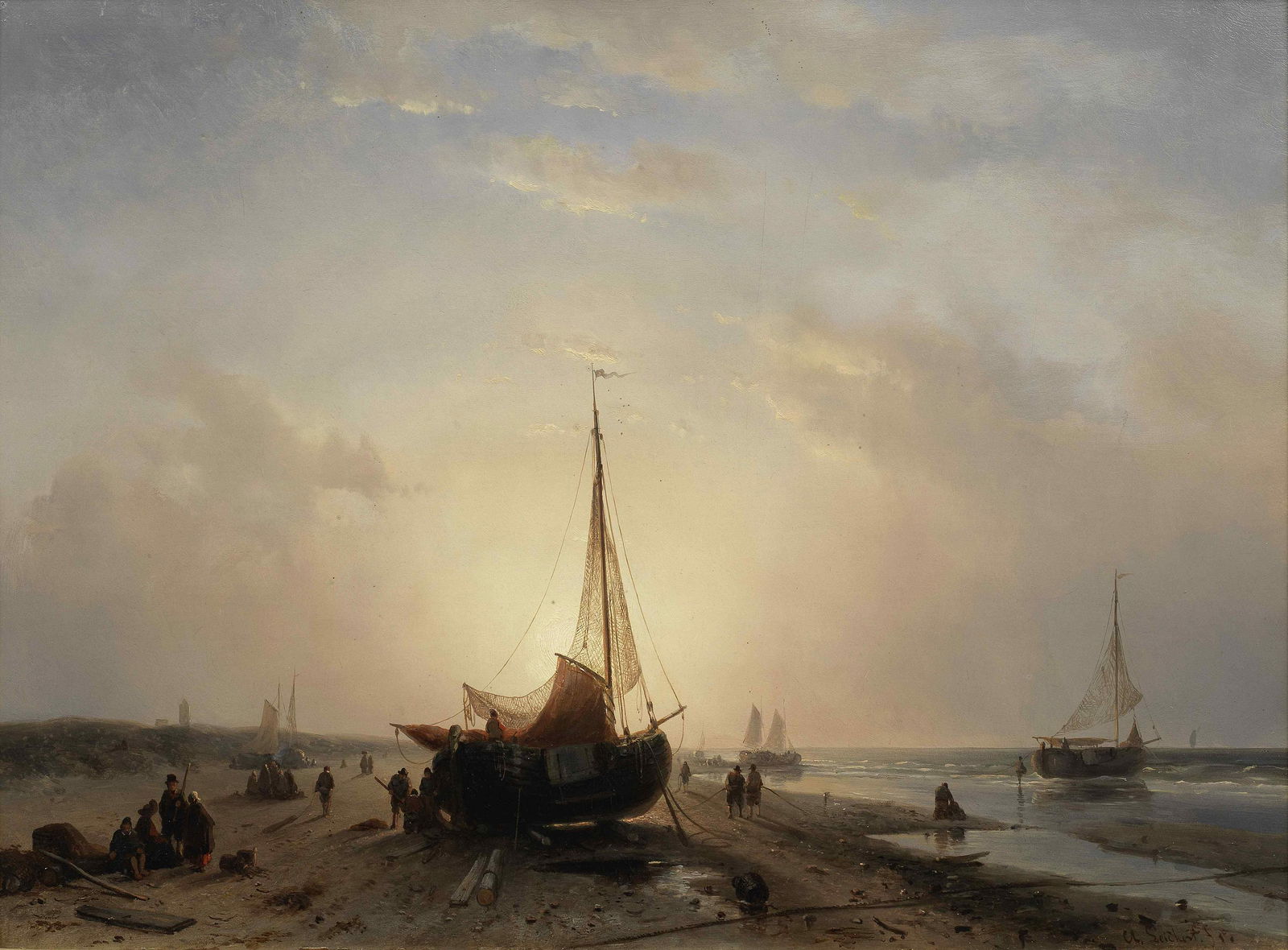 Charles Henri Joseph Leickert (Dutch, 1816-1907) Fisherfolk tending to their boats, sunset: Charles Henri Joseph Leickert (Dutch, 1816-1907) Fisherfolk tending to their boats, sunset signed 'Ch. Leickert fct' (lower right) oil on panel 41.5 x 60cm (16 5/16 x 23 5/8in). Footnotes: <