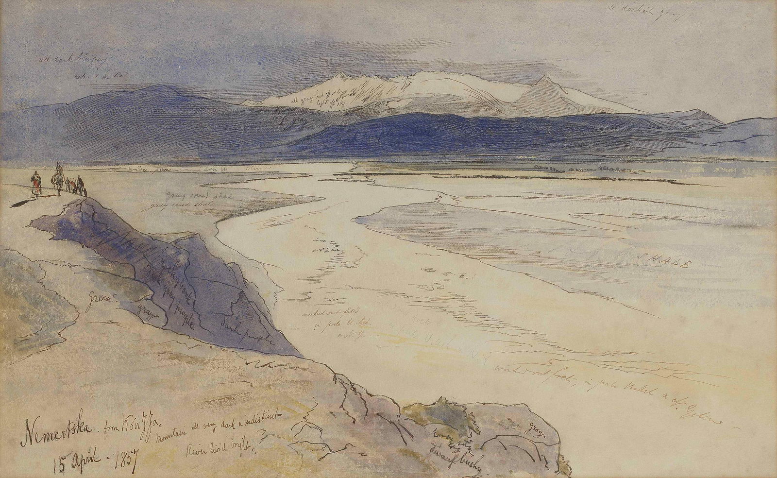 Edward Lear (British, 1812-1888) Nemertska from Kouzza, Albania: Edward Lear (British, 1812-1888) Nemertska from Kouzza, Albania inscribed and dated 'Nemertska from Kouzza/15 April 1857' (lower left), variously annotated throughout pen, ink and watercolour 32.5 x 5