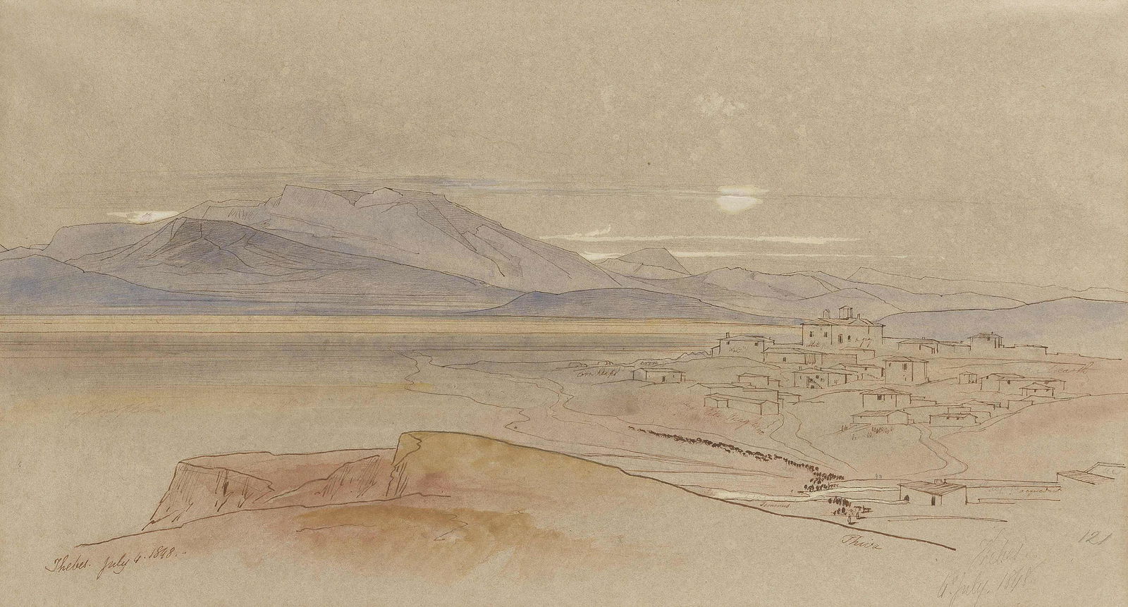 Edward Lear (British, 1812-1888) Thebes: Edward Lear (British, 1812-1888) Thebes inscribed and dated 'Thebes.July 4.1848' (lower left), inscribed and dated 'Thebes/4 July 1848' (lower right), variously annotated throughout pen and ink and wa