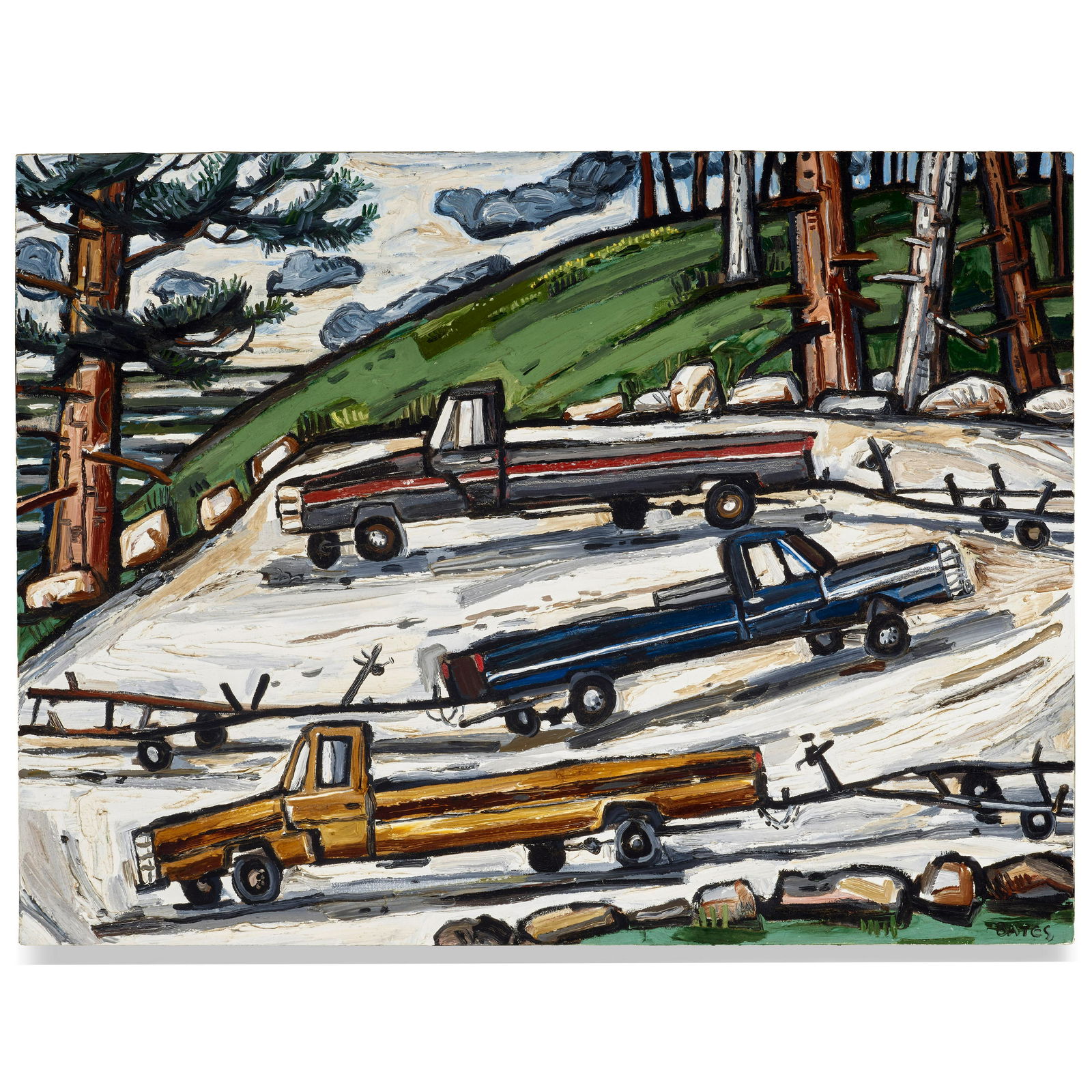 DAVID BATES (B. 1952) Trucks and Trailers, 1991: DAVID BATES (B. 1952) Trucks and Trailers, 1991 signed 'BATeS' (lower right); signed again and titled 'DAVID BATES -TRUCKS AND TRAILERS-' (on the stretcher bar) oil on canvas 36 x 48 in. 91.4 x 121.9