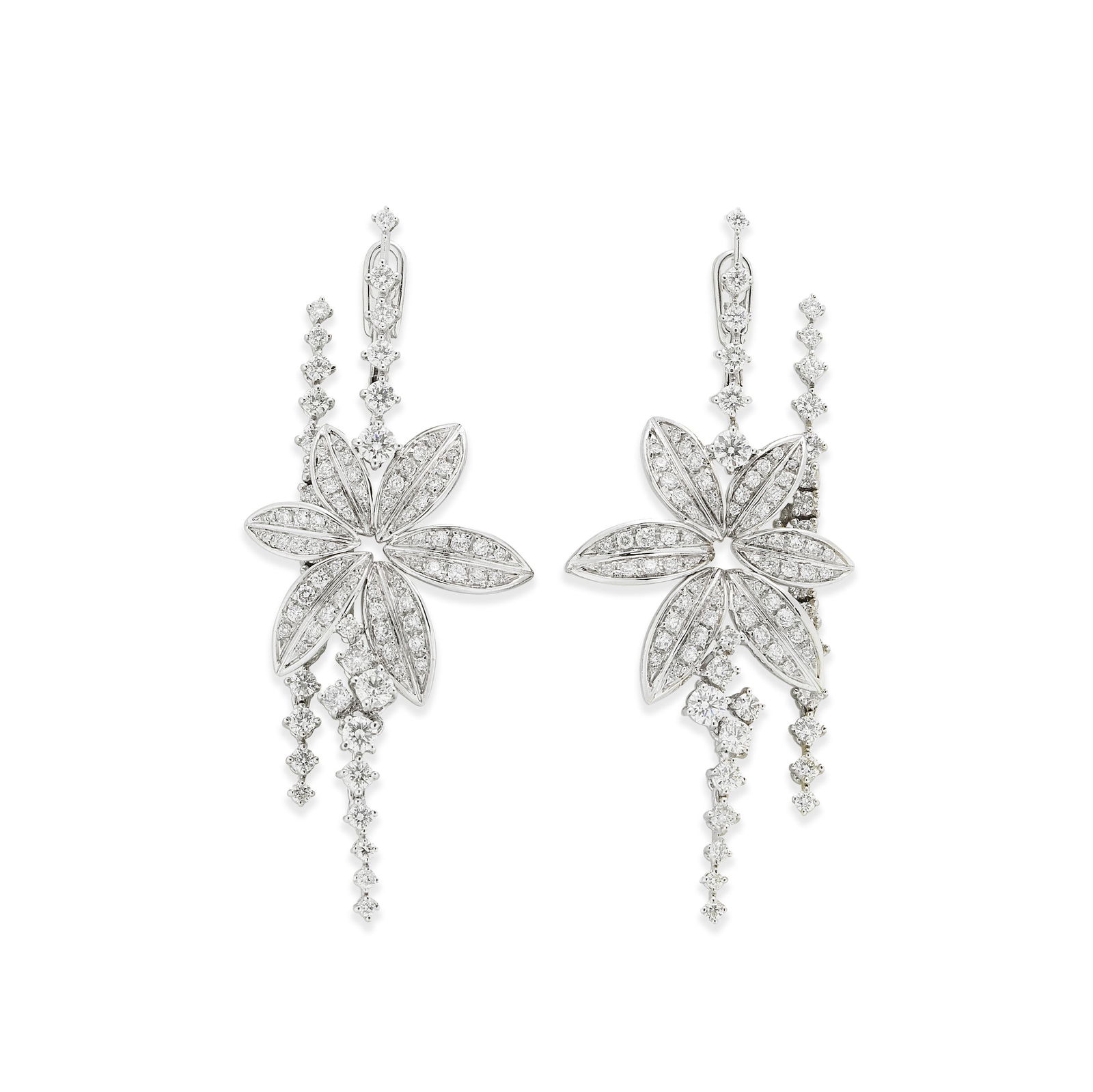 CHIMENTO: PAIR OF DIAMOND FLOWER EARRINGS: CHIMENTO: PAIR OF DIAMOND FLOWER EARRINGS Set throughout with brilliant-cut diamonds, with articulating lower petals and pendent drops, signed Chimento, Italian assay mark, diamonds approximately 3.0
