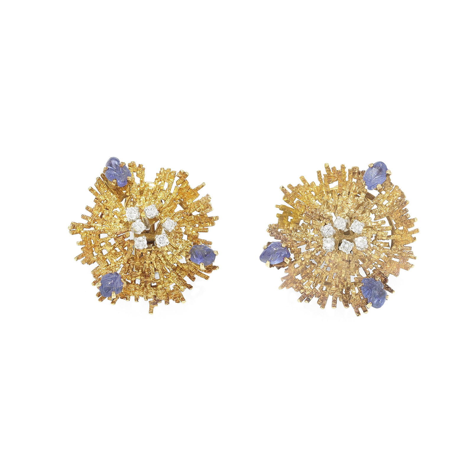 GRIMA: GOLD, SAPPHIRE AND DIAMOND 'VOLCANO' EARCLIPS, 1966: GRIMA: GOLD, SAPPHIRE AND DIAMOND 'VOLCANO' EARCLIPS, 1966 Each textured wirework 'volcano' accented by a trio of carved sapphires, 'erupting' with a tiered cluster of brilliant-cut diamonds, signed G