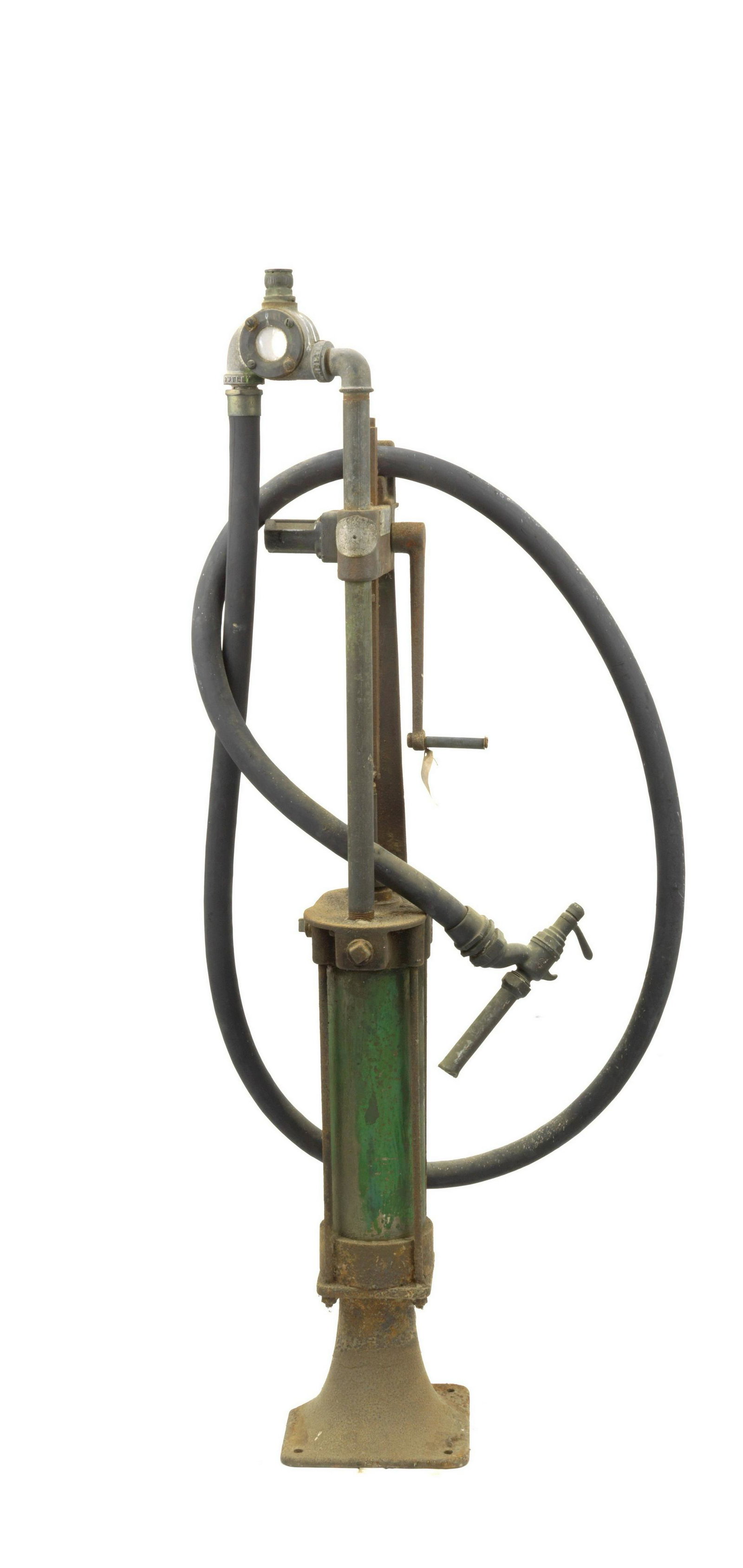 A Bowser skeleton hand-cranked petrol pump,: A Bowser skeleton hand-cranked petrol pump, Number 31-9991, in garage worn condition, cylinder painted green, fitted with hose and nozzle, loss and damage to rear of base, 158cm high. Lot to be sold w