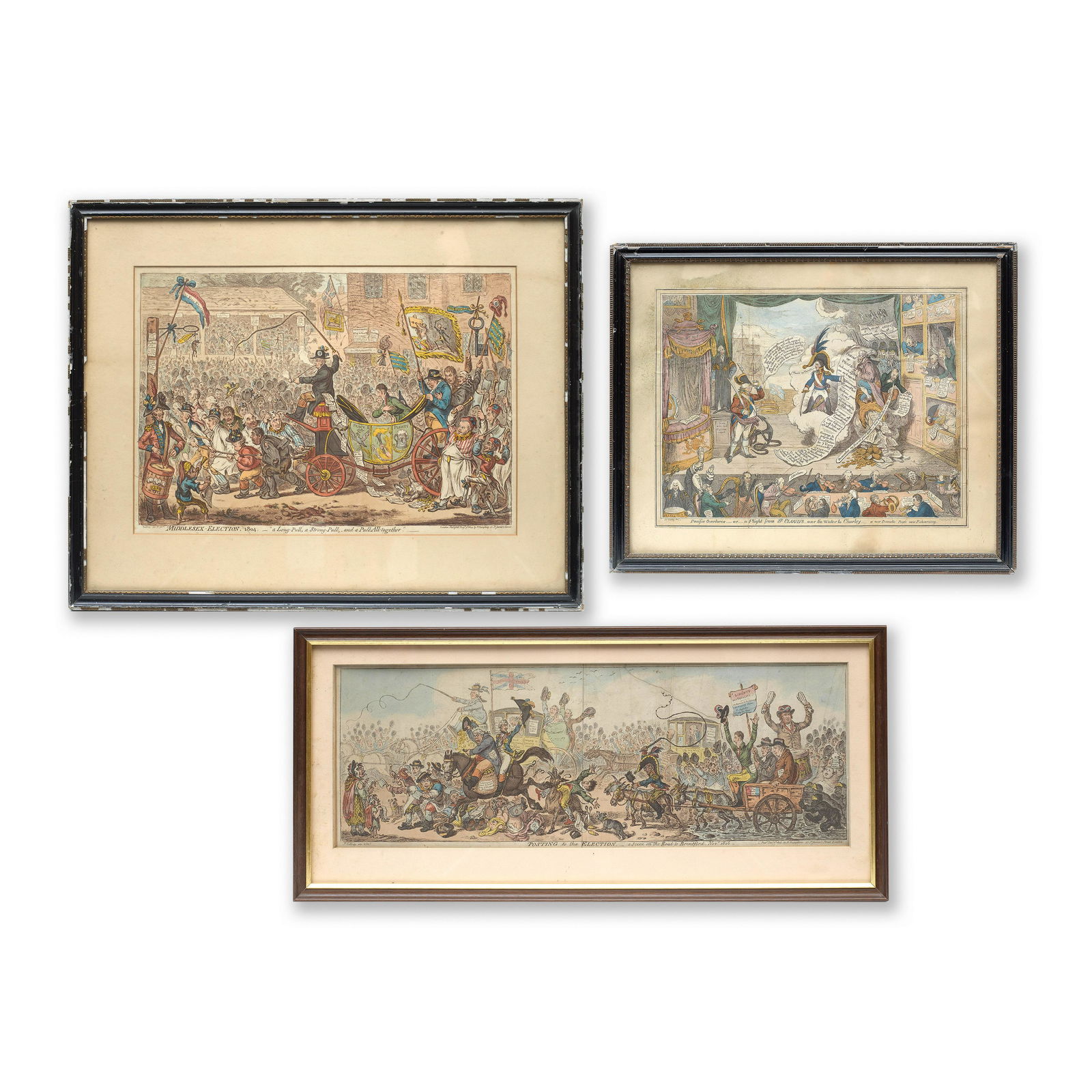 After James Gillray (British, 1756-1815) Posting the Election (Together with two further Gillray...: After James Gillray (British, 1756-1815) Posting the Election Hand coloured etching 21.5 x 62cm (8 7/16 x 24 7/16in). Together with two further Gillray political prints titled 'Middlesex Election' a