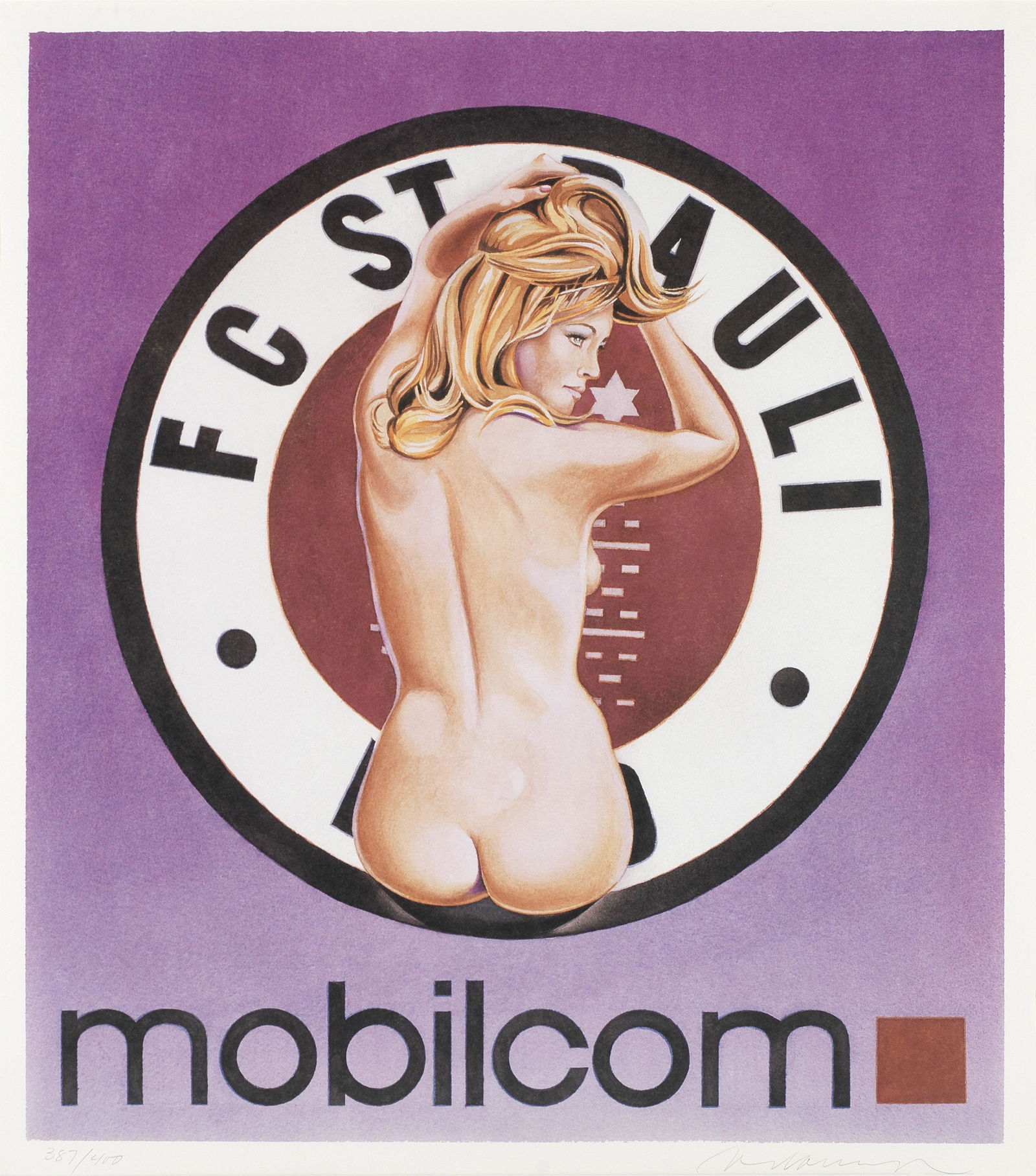 Mel Ramos (American, 1935-2018) Mobilcom - FC St. Pauli I; FC St. Pauli II Two offset lithograph...: Mel Ramos (American, 1935-2018) Mobilcom - FC St. Pauli I; FC St. Pauli II Two offset lithographs printed in colours, 2003, on wove, signed and numbered 387/400 and 127/400 respectively in pencil, wit