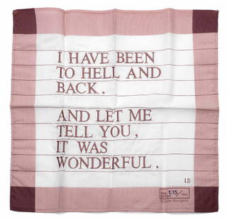 After Louise Bourgeois (1911-2010) Untitled (I Have Been To Hell and Back) Embroidered thread in...: After Louise Bourgeois (1911-2010) Untitled (I Have Been To Hell and Back) Embroidered thread in pink, 2007, on cotton handkerchief, with printed initials and numbered 225/1000 in black ink, published